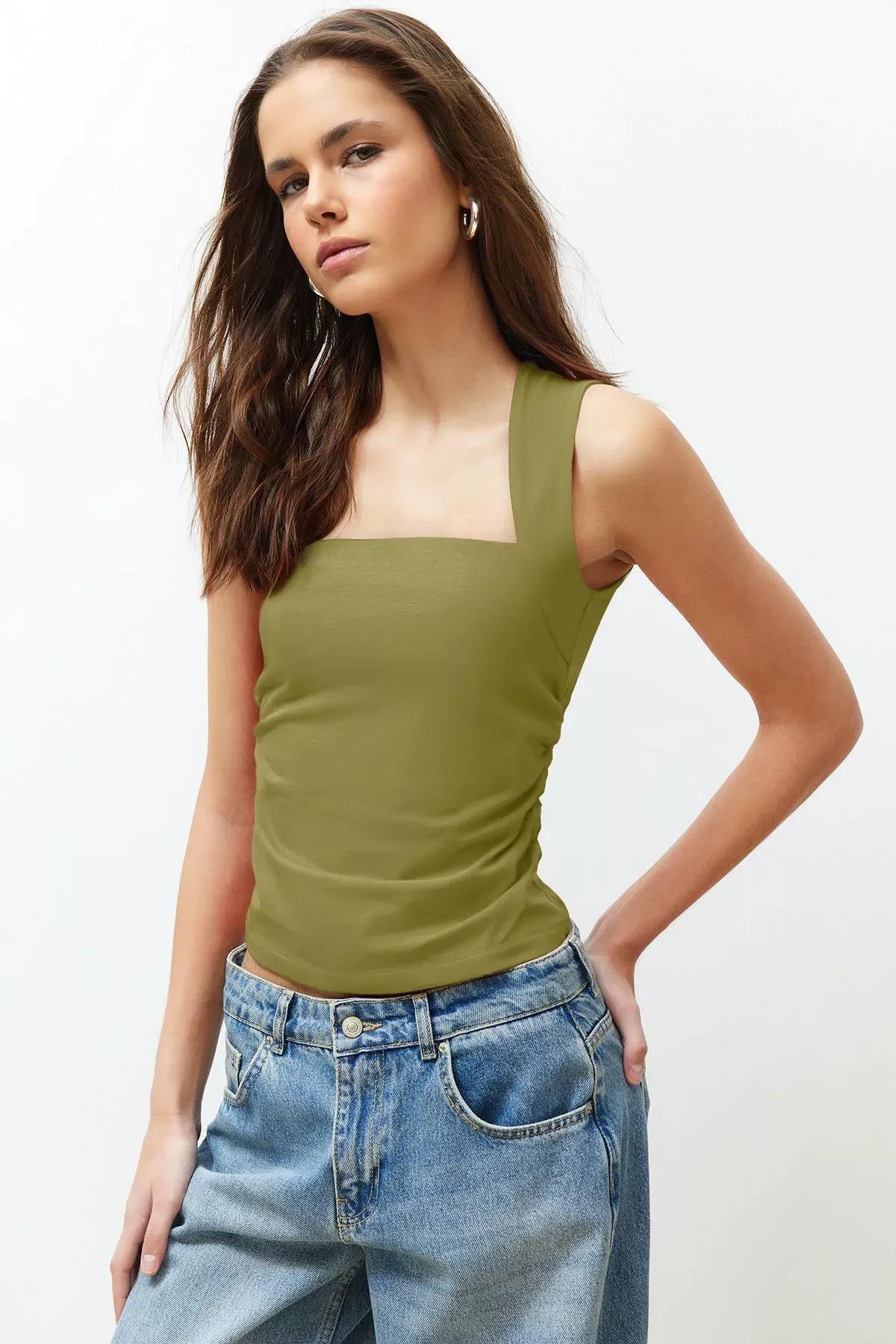 Green Square Neck Gathered Blouse, OIL GREEN, large image number 1