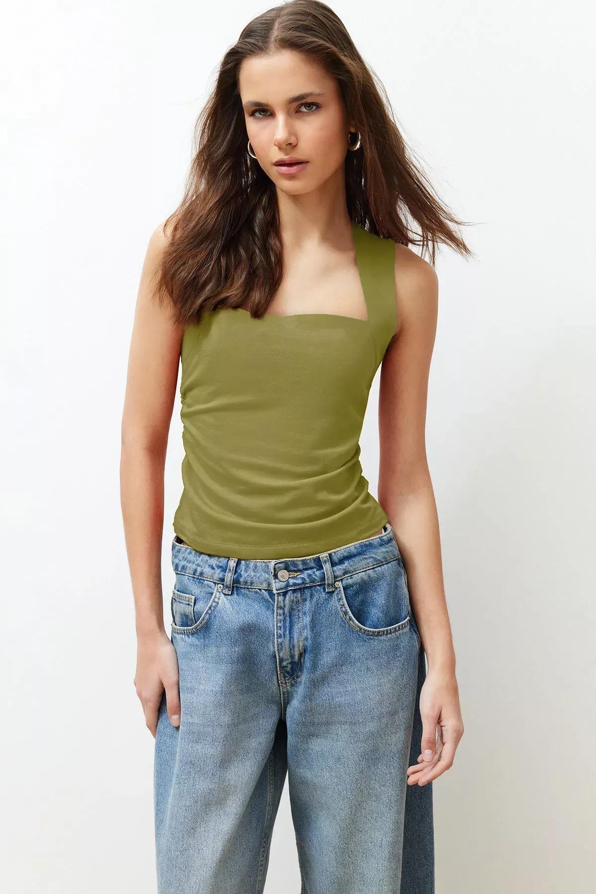 Green Square Neck Gathered Blouse, OIL GREEN, large image number 2
