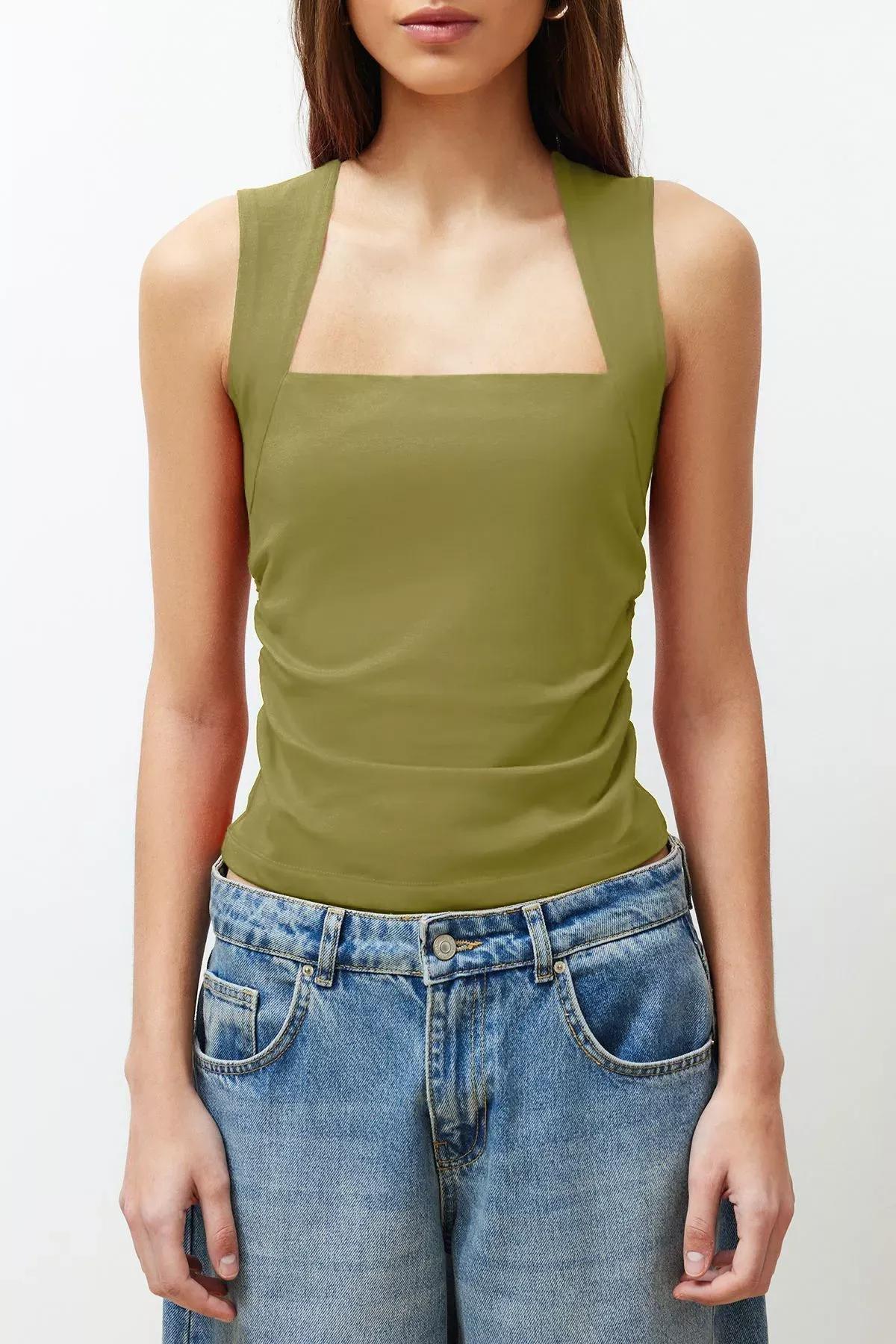 Green Square Neck Gathered Blouse, OIL GREEN, large image number 3