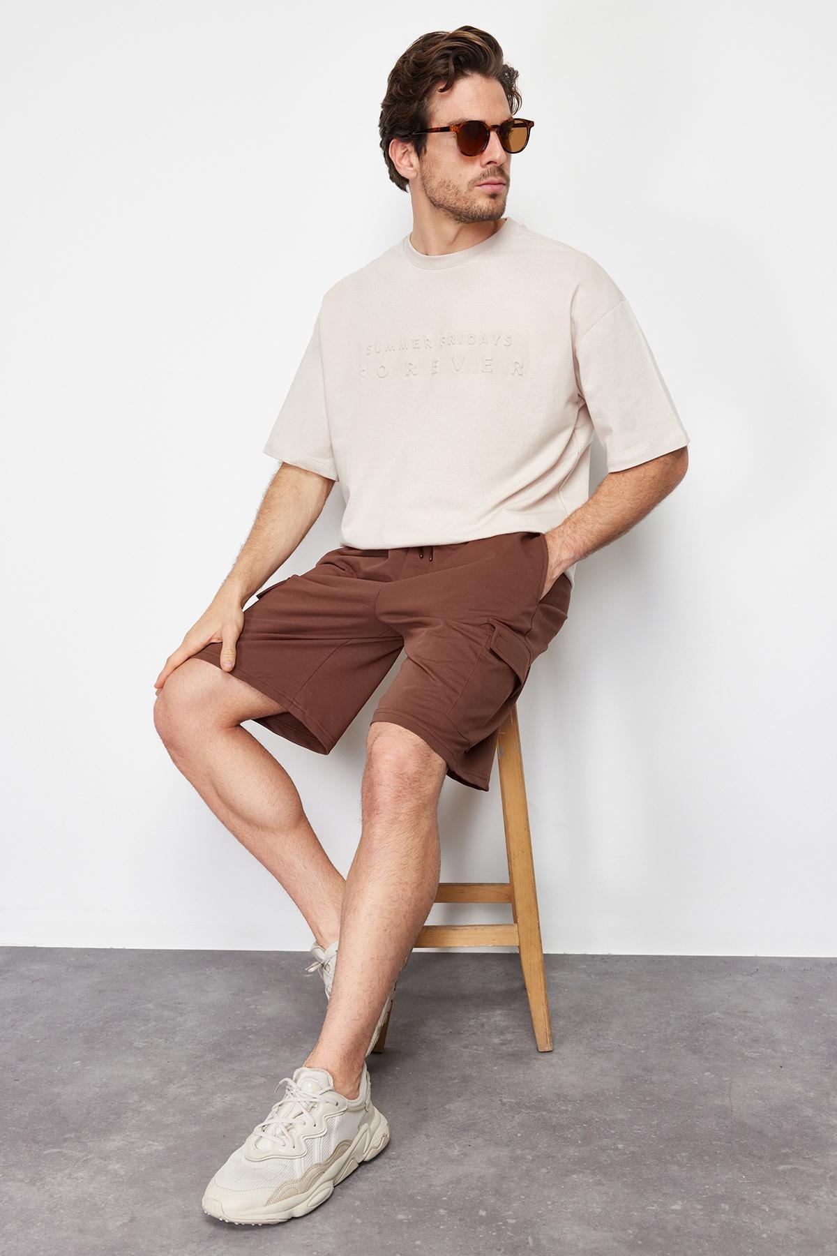 Brown Oversize/Wide Cut Hidden Drawstring Elastic Waist Cargo Pocket Labeled Shorts TMNSS24SR00018, , large image number 1