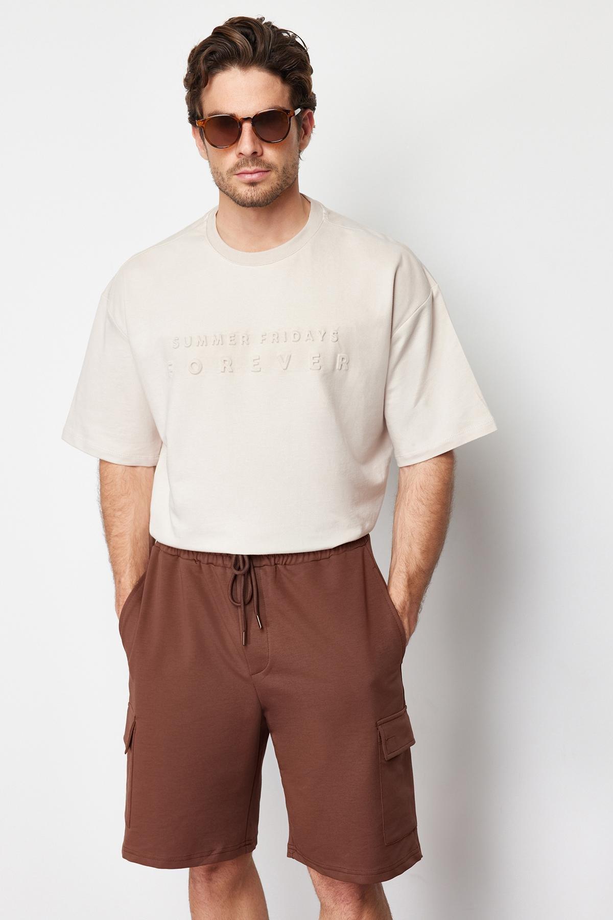 Brown Oversize/Wide Cut Hidden Drawstring Elastic Waist Cargo Pocket Labeled Shorts TMNSS24SR00018, , large image number 2