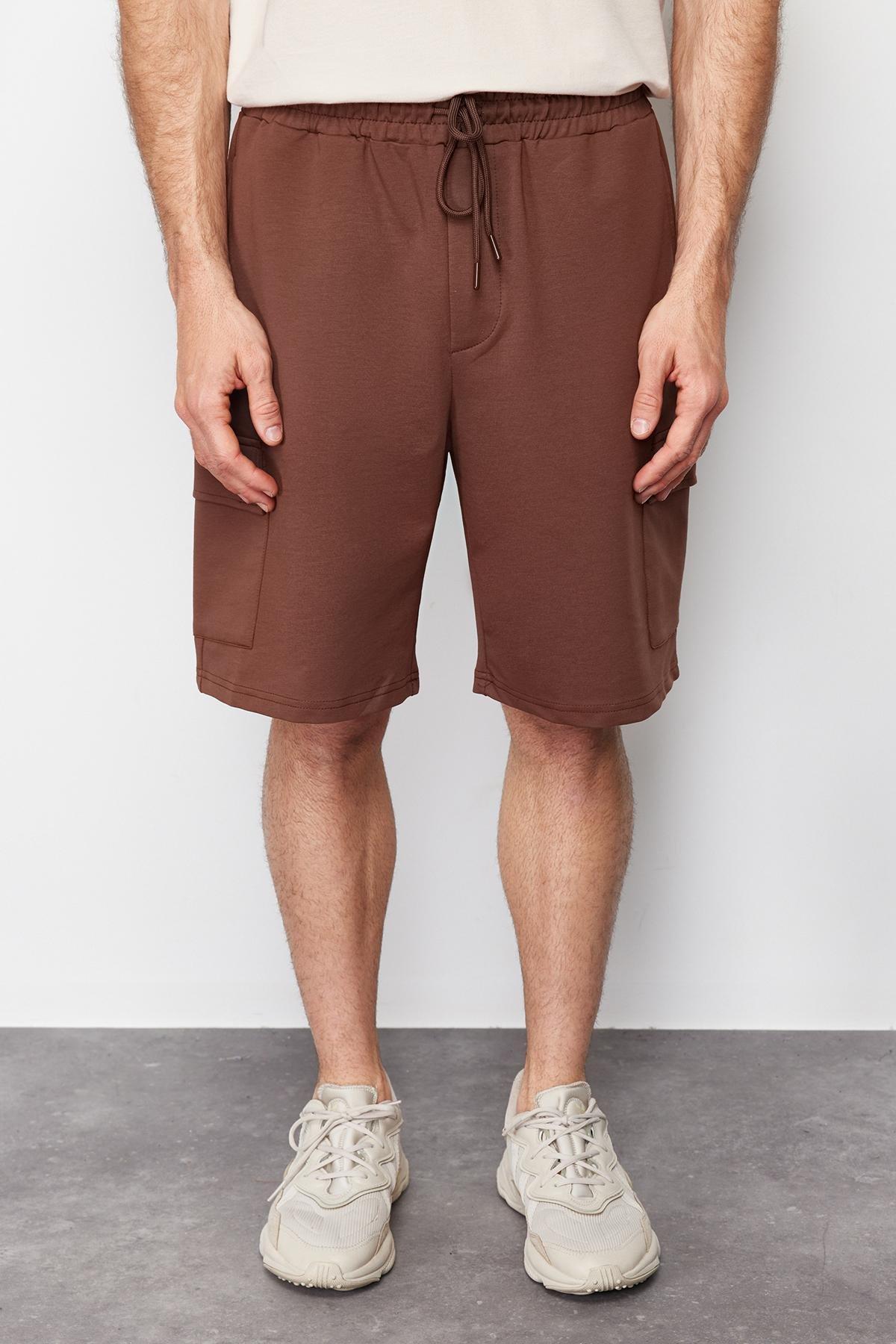 Brown Oversize/Wide Cut Hidden Drawstring Elastic Waist Cargo Pocket Labeled Shorts TMNSS24SR00018, , large image number 3