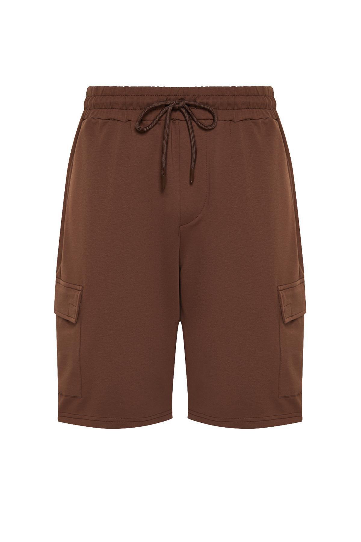 Brown Oversize/Wide Cut Hidden Drawstring Elastic Waist Cargo Pocket Labeled Shorts TMNSS24SR00018, , large image number 5