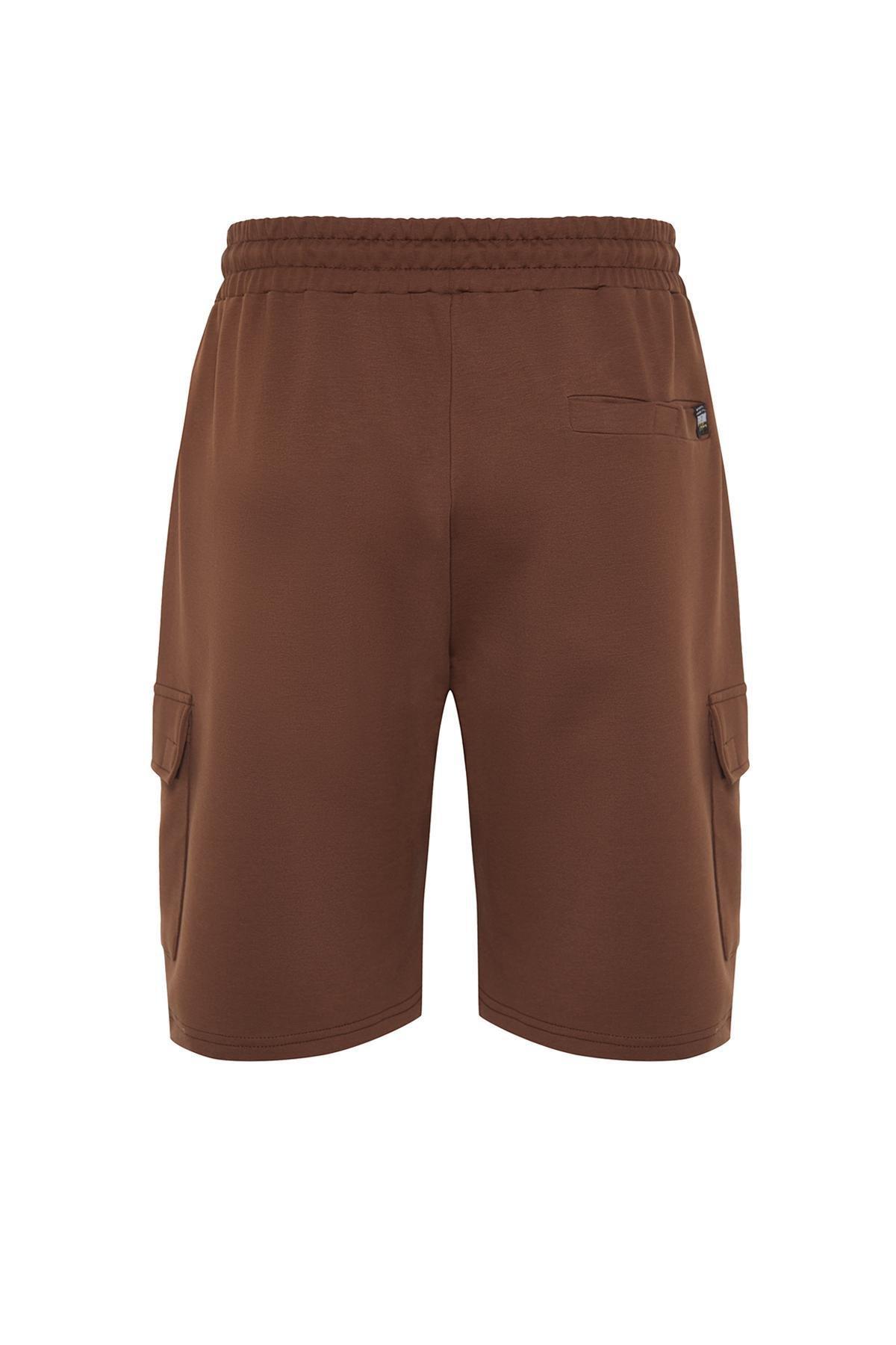 Brown Oversize/Wide Cut Hidden Drawstring Elastic Waist Cargo Pocket Labeled Shorts TMNSS24SR00018, , large image number 6