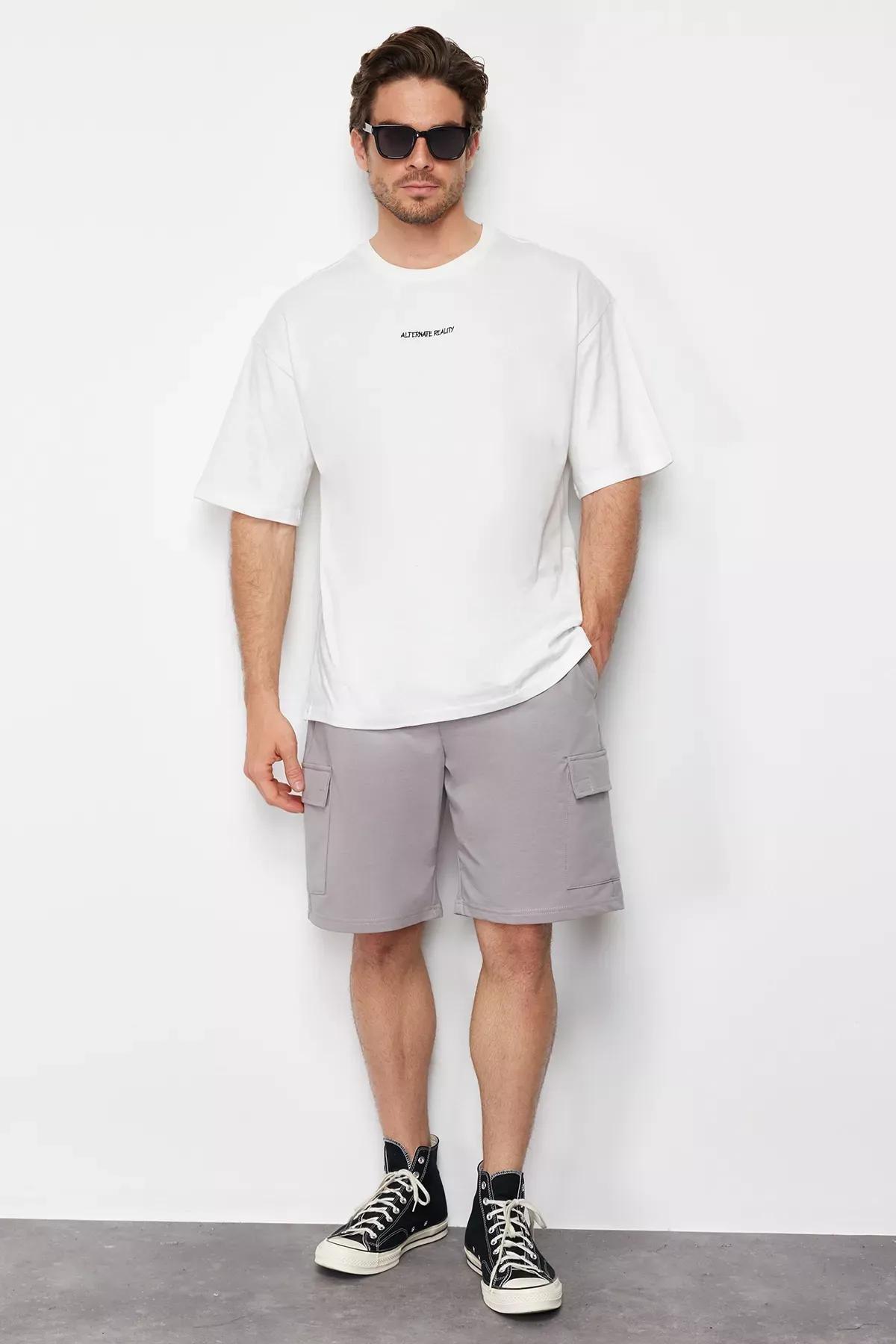 Gray Oversize Elastic Waist Tag Shorts, C101_1653, medium
