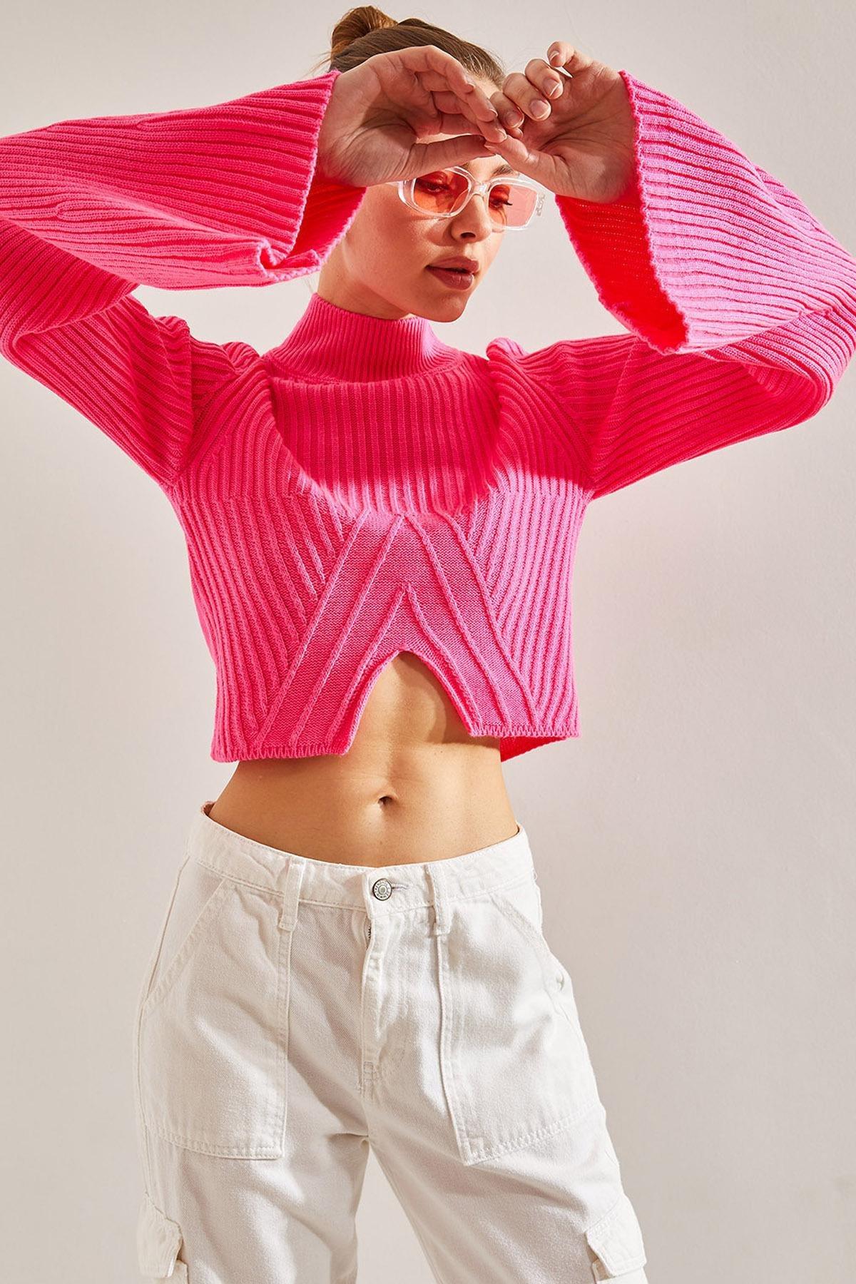 Pink Half Turtleneck Pattern Crop Sweater, Fuchsia, large image number 0