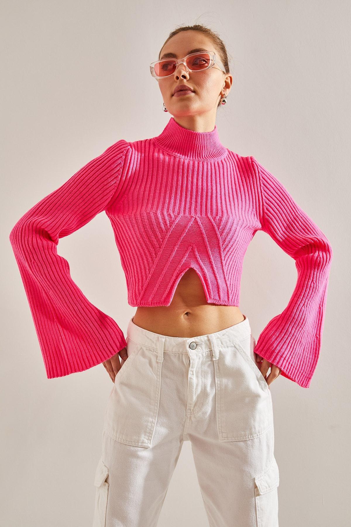 Pink Half Turtleneck Pattern Crop Sweater, Fuchsia, large image number 3