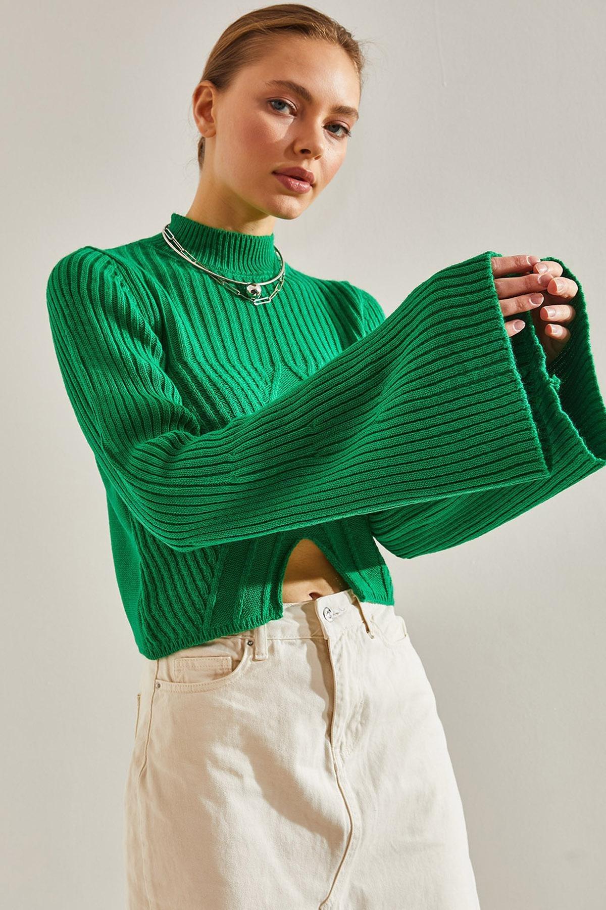 Green Half Turtleneck Pattern Crop Sweater, Green, large image number 0
