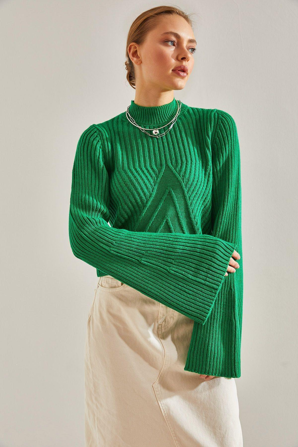 Green Half Turtleneck Pattern Crop Sweater, Green, large image number 1