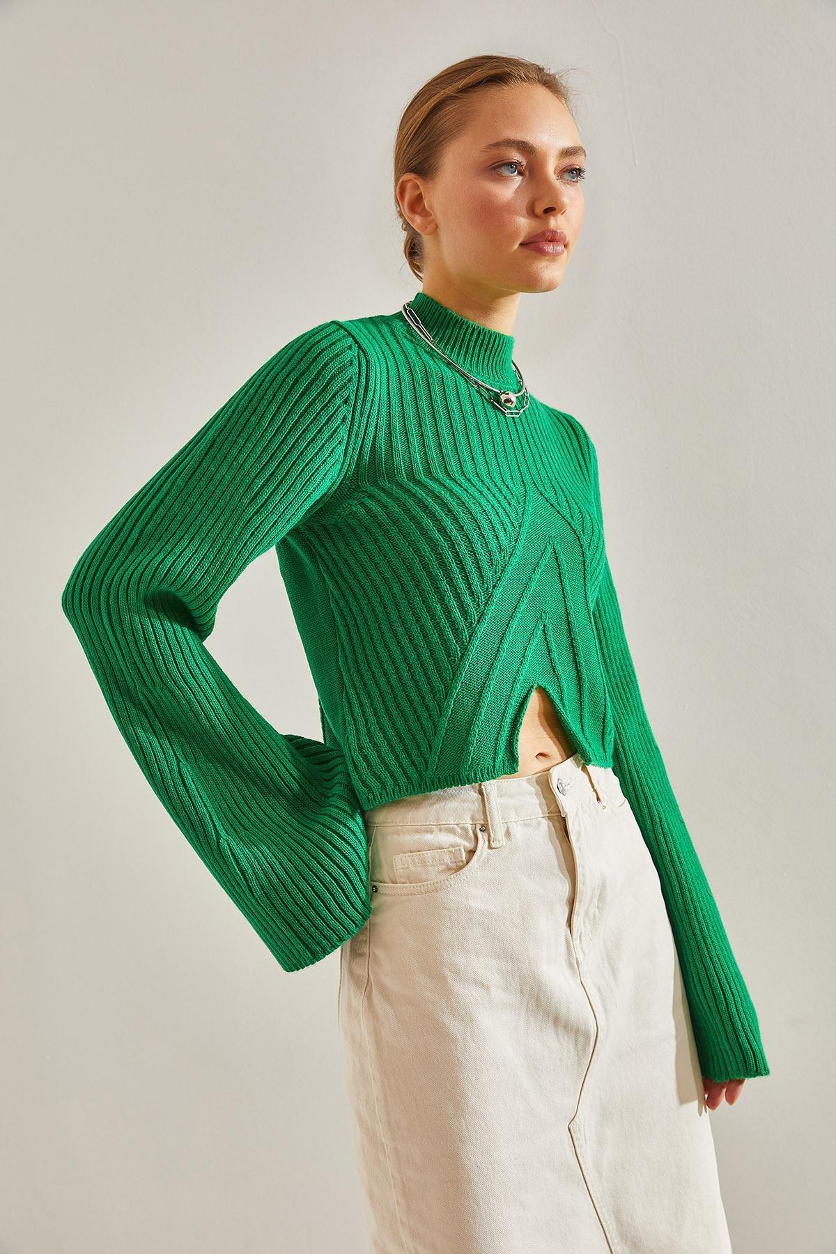 Green Half Turtleneck Pattern Crop Sweater, Green, large image number 4