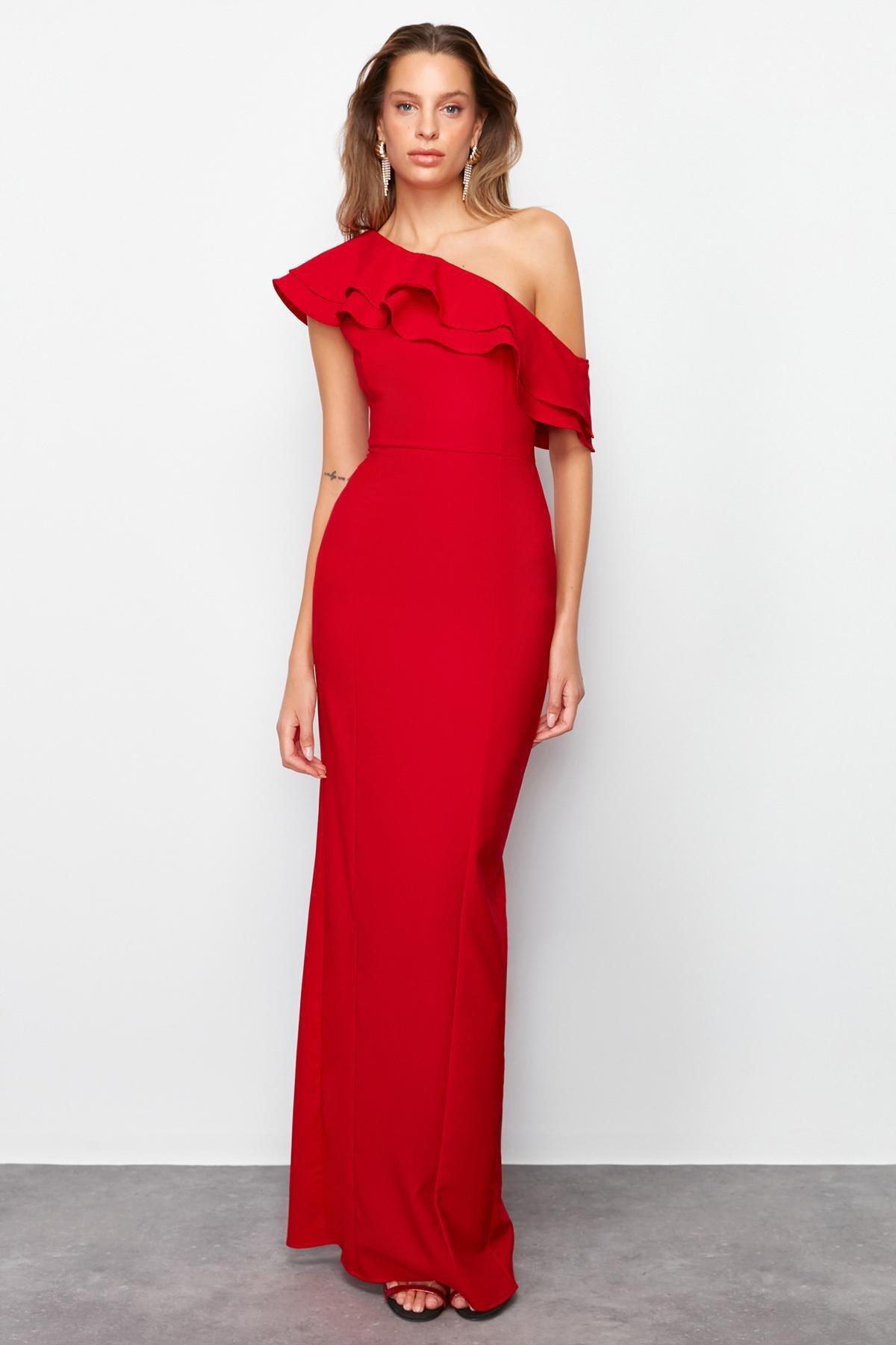 Red Flounce Detailed Occasionwear Dress, , large image number 0