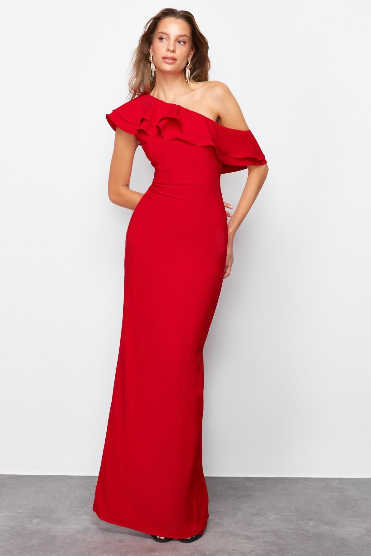 Red Flounce Detailed Occasionwear Dress, , large image number 2
