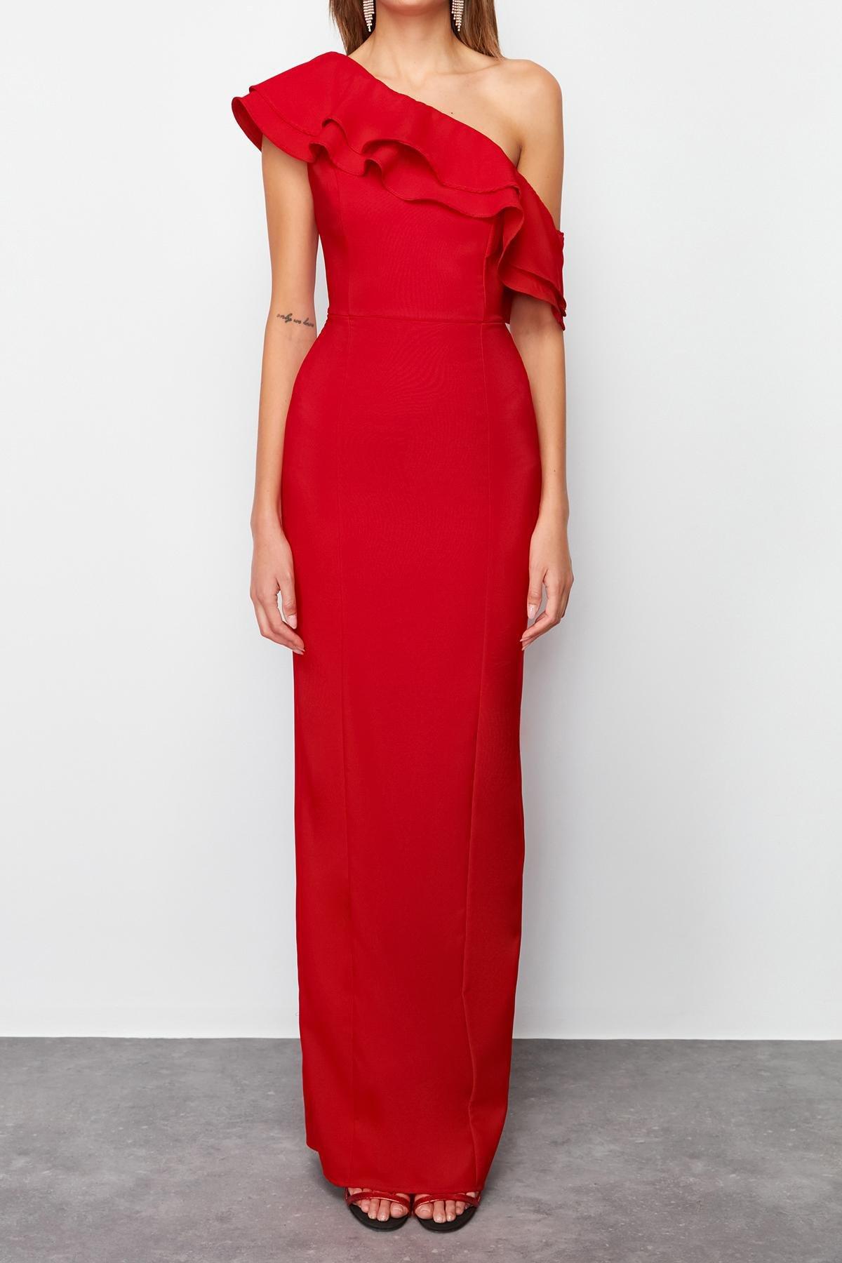 Red Flounce Detailed Occasionwear Dress, , large image number 3