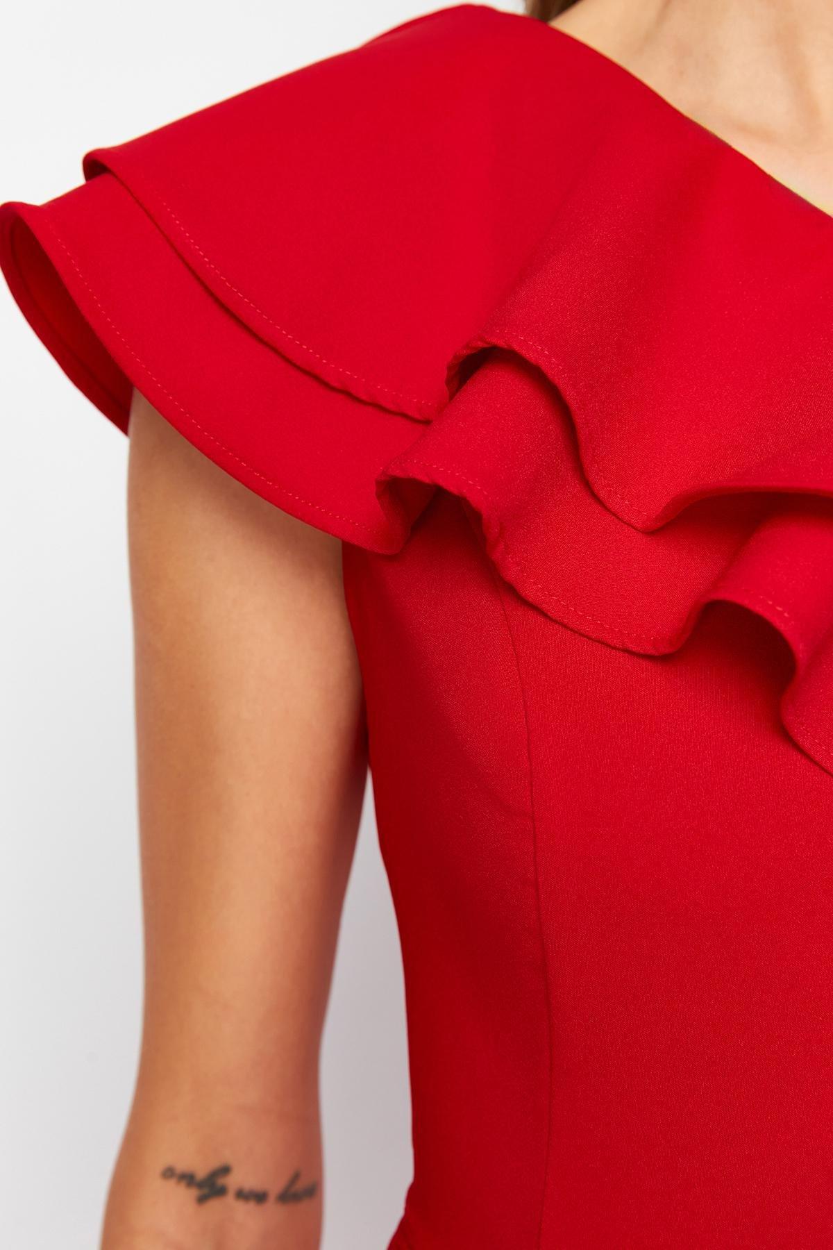 Red Flounce Detailed Occasionwear Dress, , large image number 4