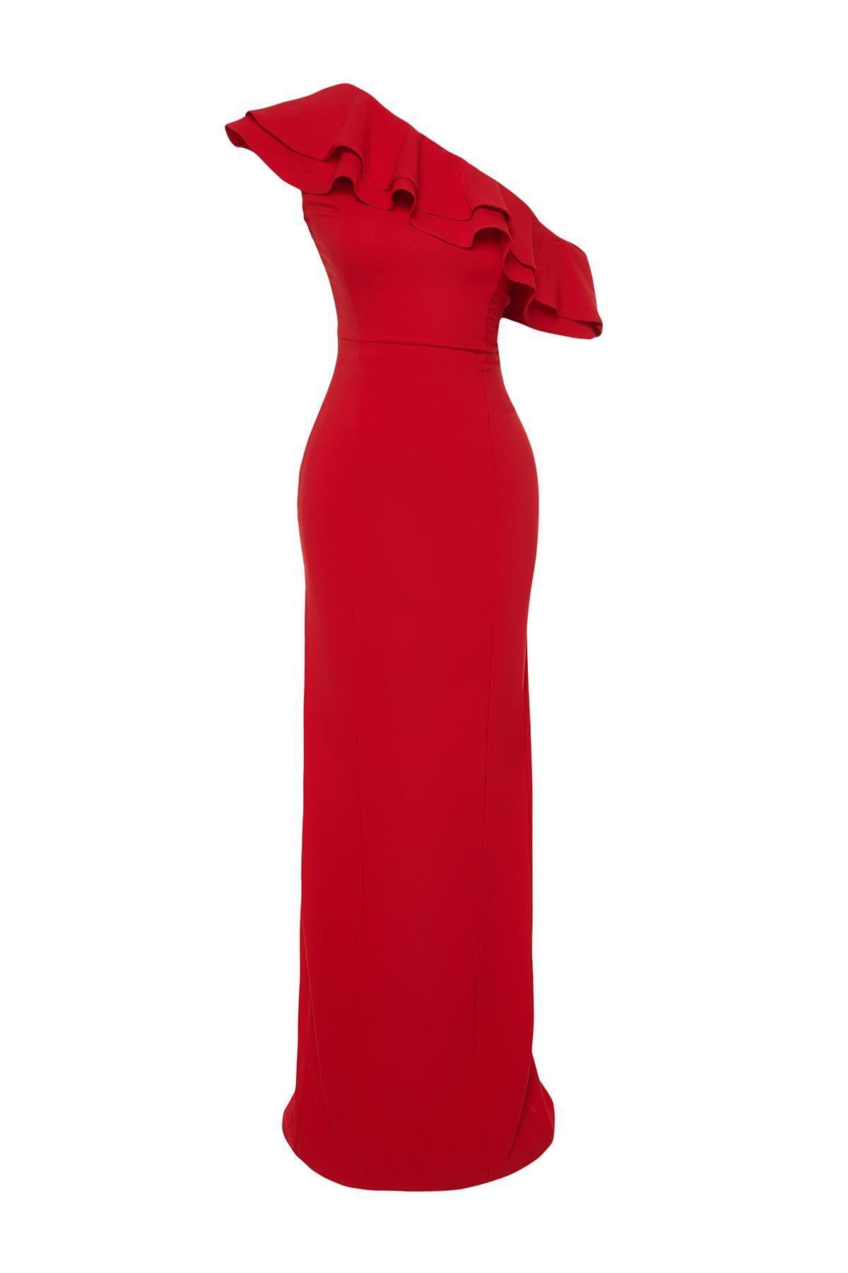 Red Flounce Detailed Occasionwear Dress, , large image number 5
