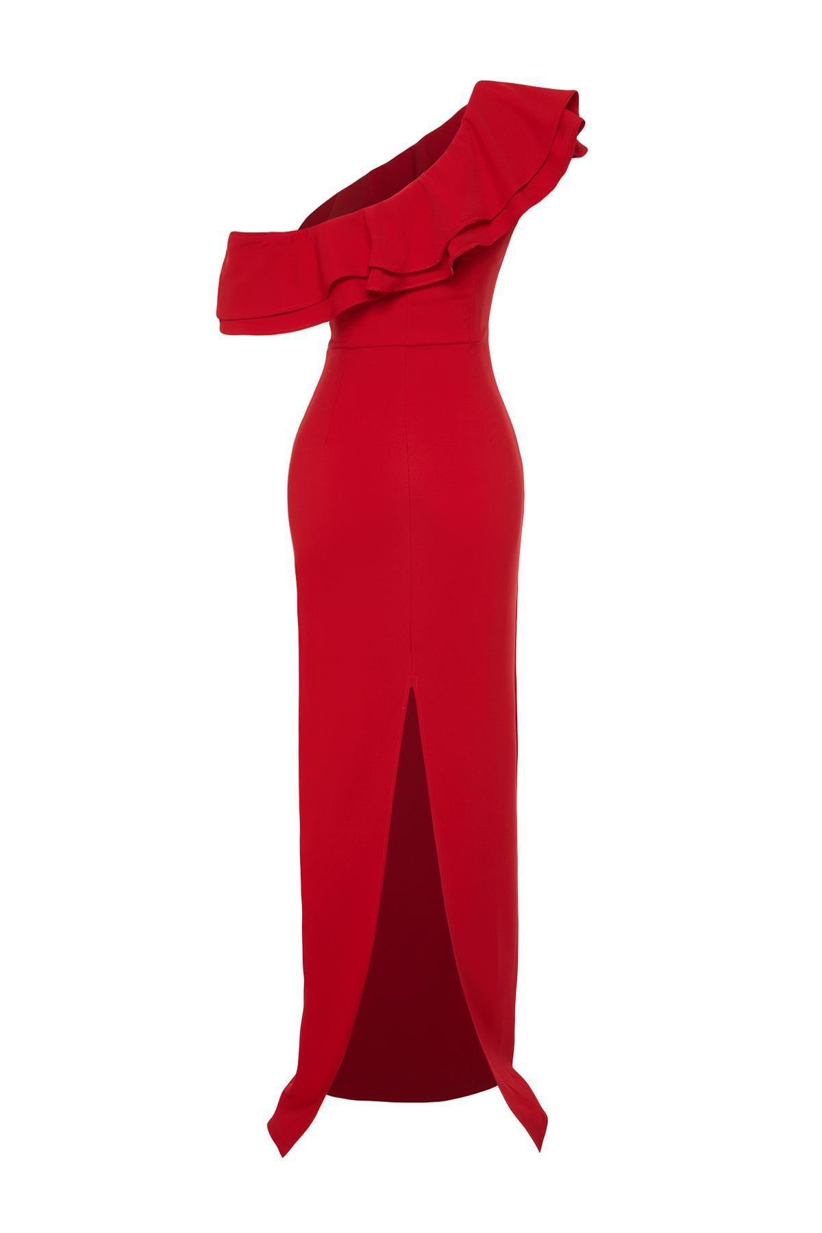 Red Flounce Detailed Occasionwear Dress, , large image number 6