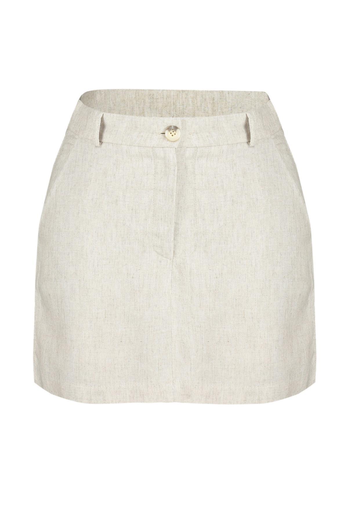 Beige Linen Woven Shorts Skirt, , large image number 5