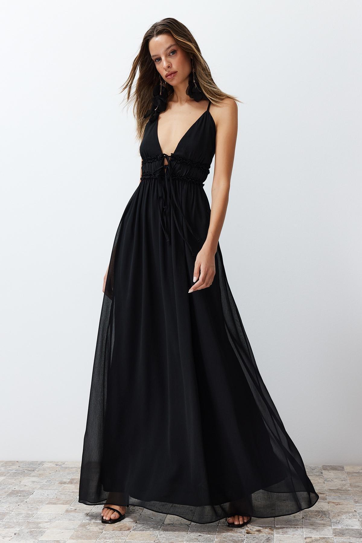Black Chiffon Woven Occasionwear Dress, , large image number 0