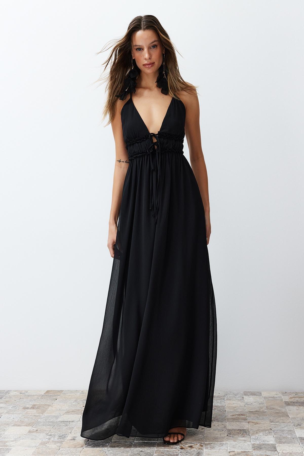 Black Chiffon Woven Occasionwear Dress, , large image number 1
