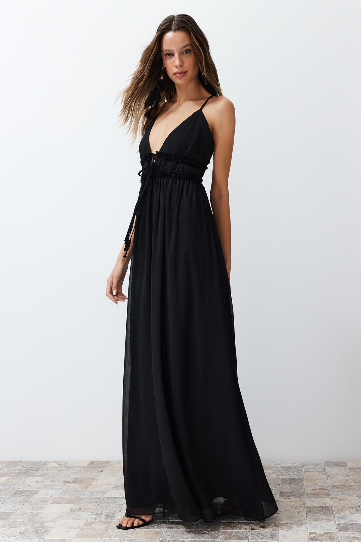 Black Chiffon Woven Occasionwear Dress, , large image number 2