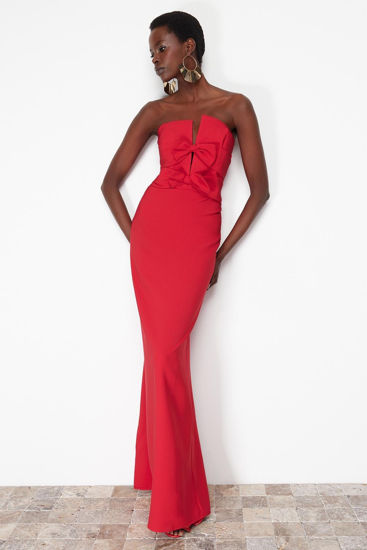 Red Detailed Long Occasionwear Dress, , large image number 0