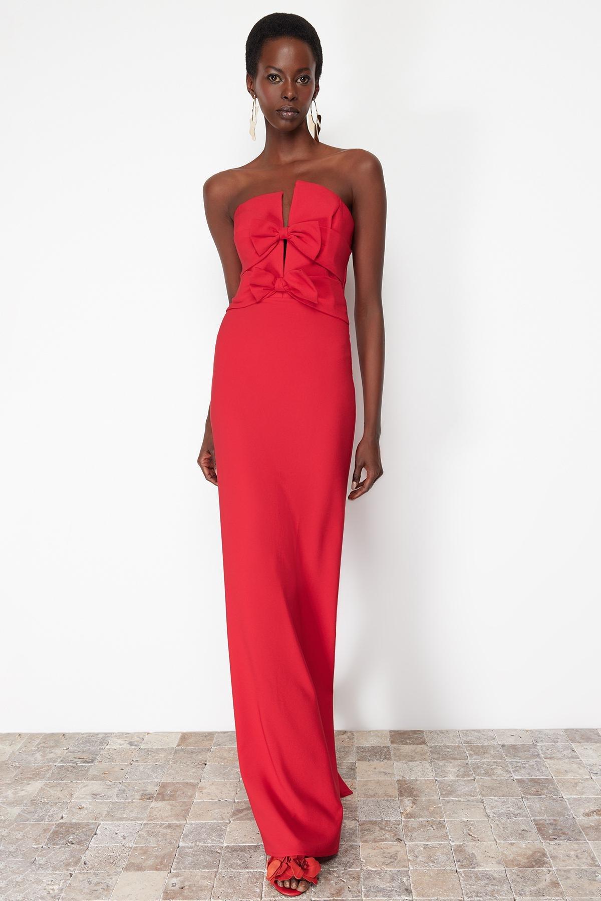 Red Detailed Long Occasionwear Dress, , large image number 1