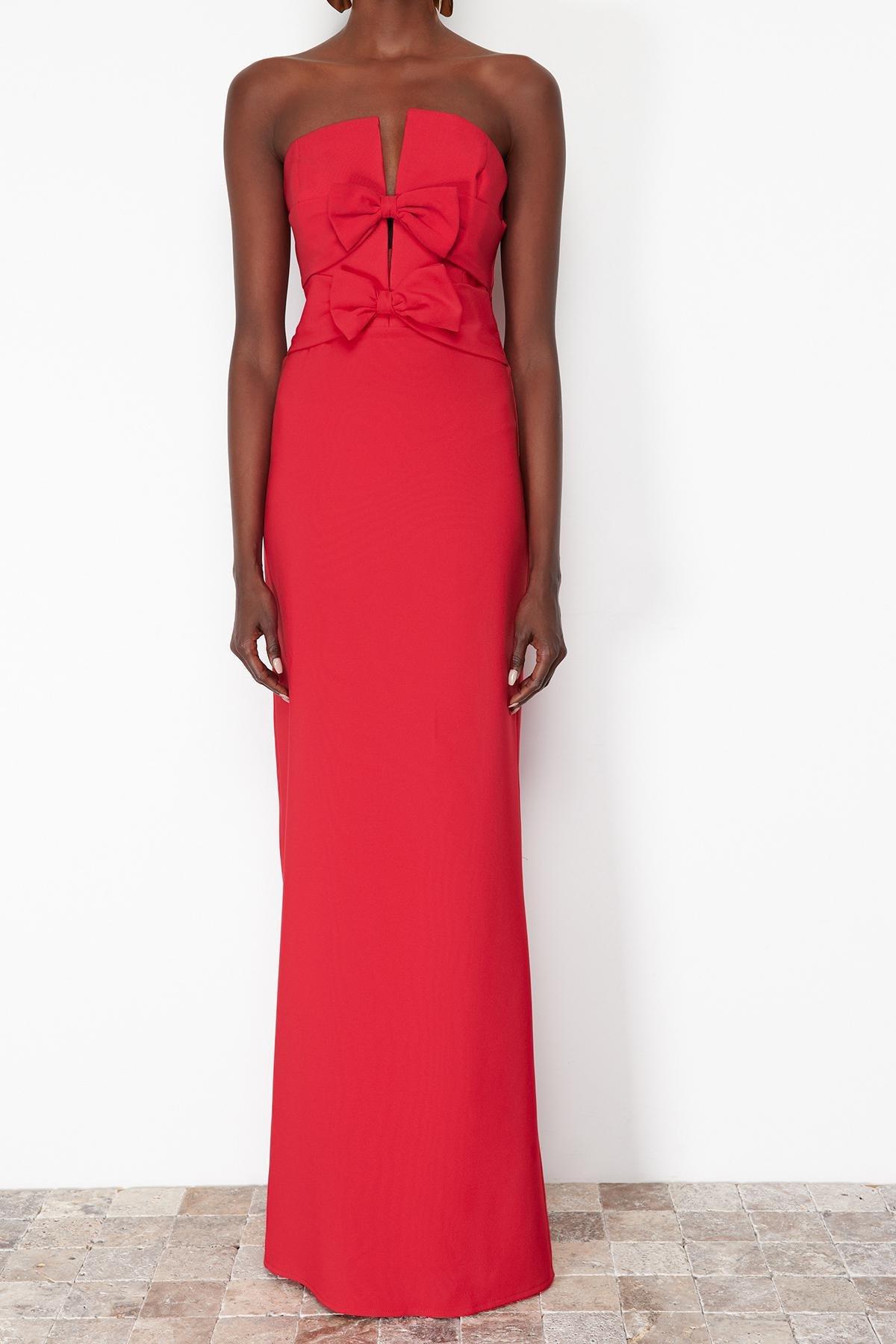 Red Detailed Long Occasionwear Dress, , large image number 2