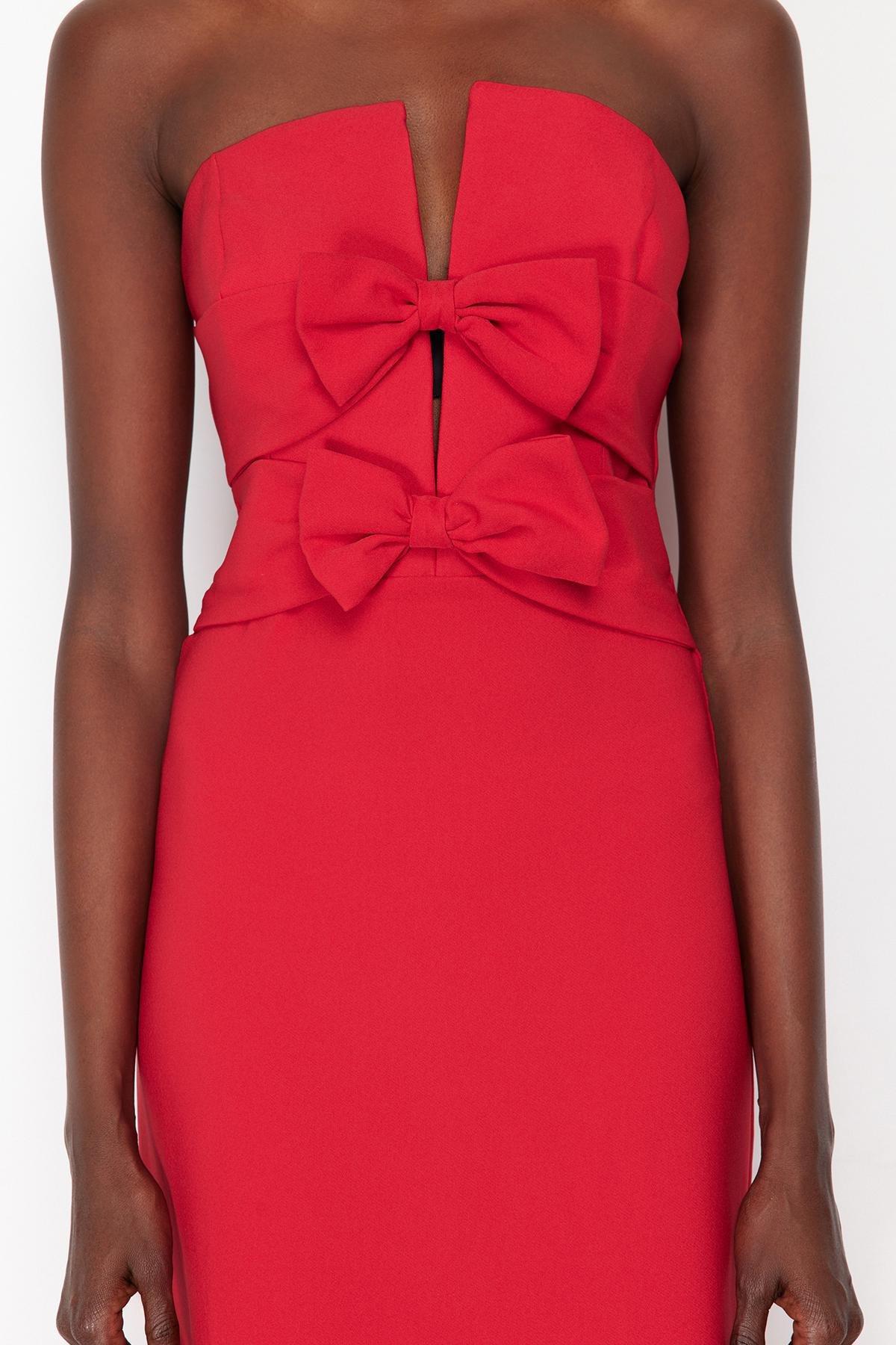 Red Detailed Long Occasionwear Dress, , large image number 3