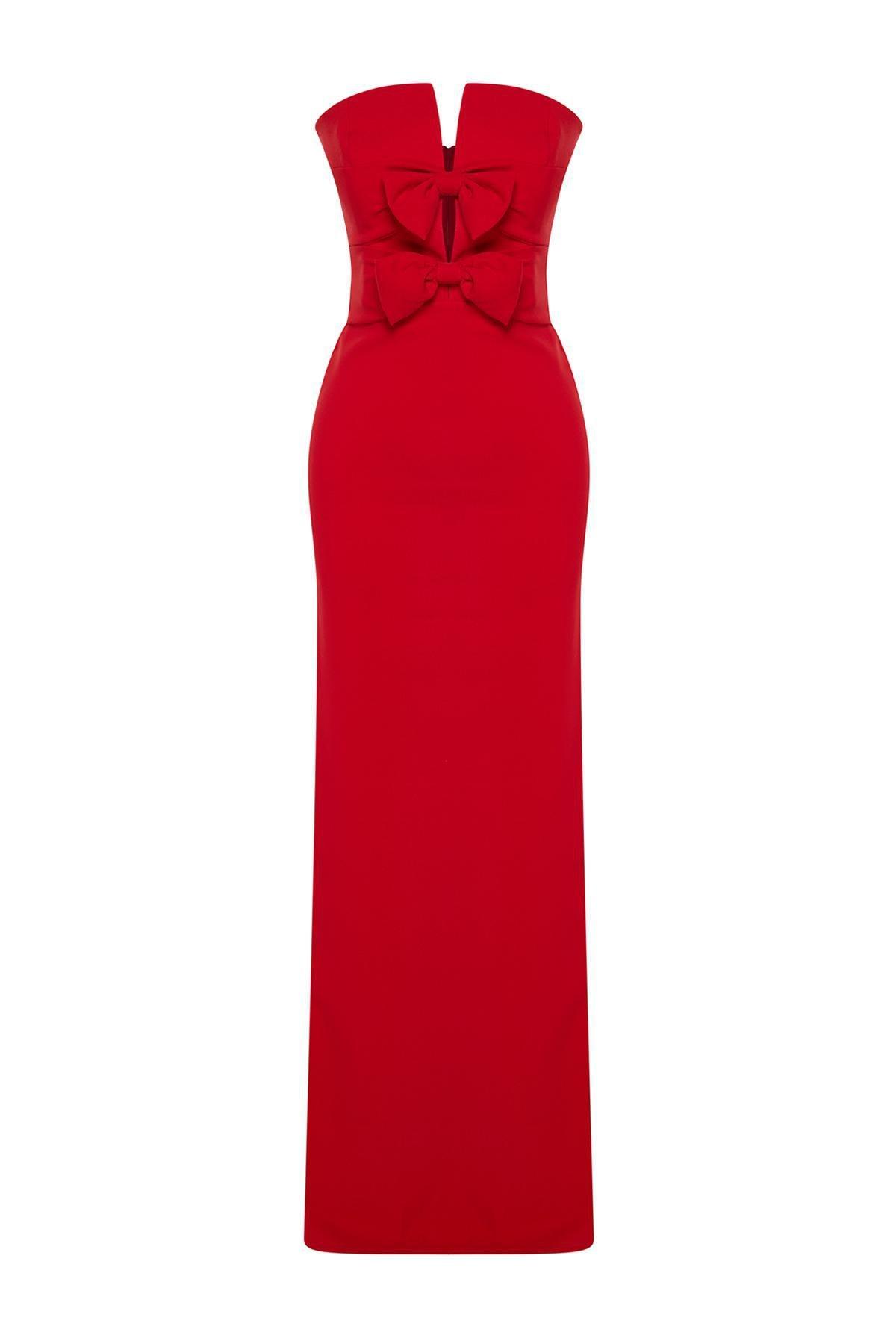 Red Detailed Long Occasionwear Dress, , large image number 4