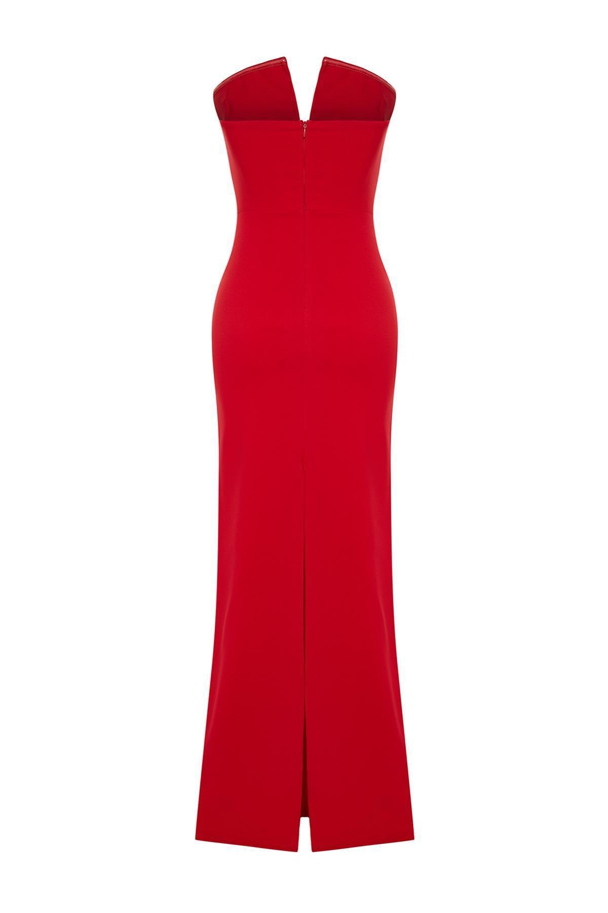 Red Detailed Long Occasionwear Dress, , large image number 5