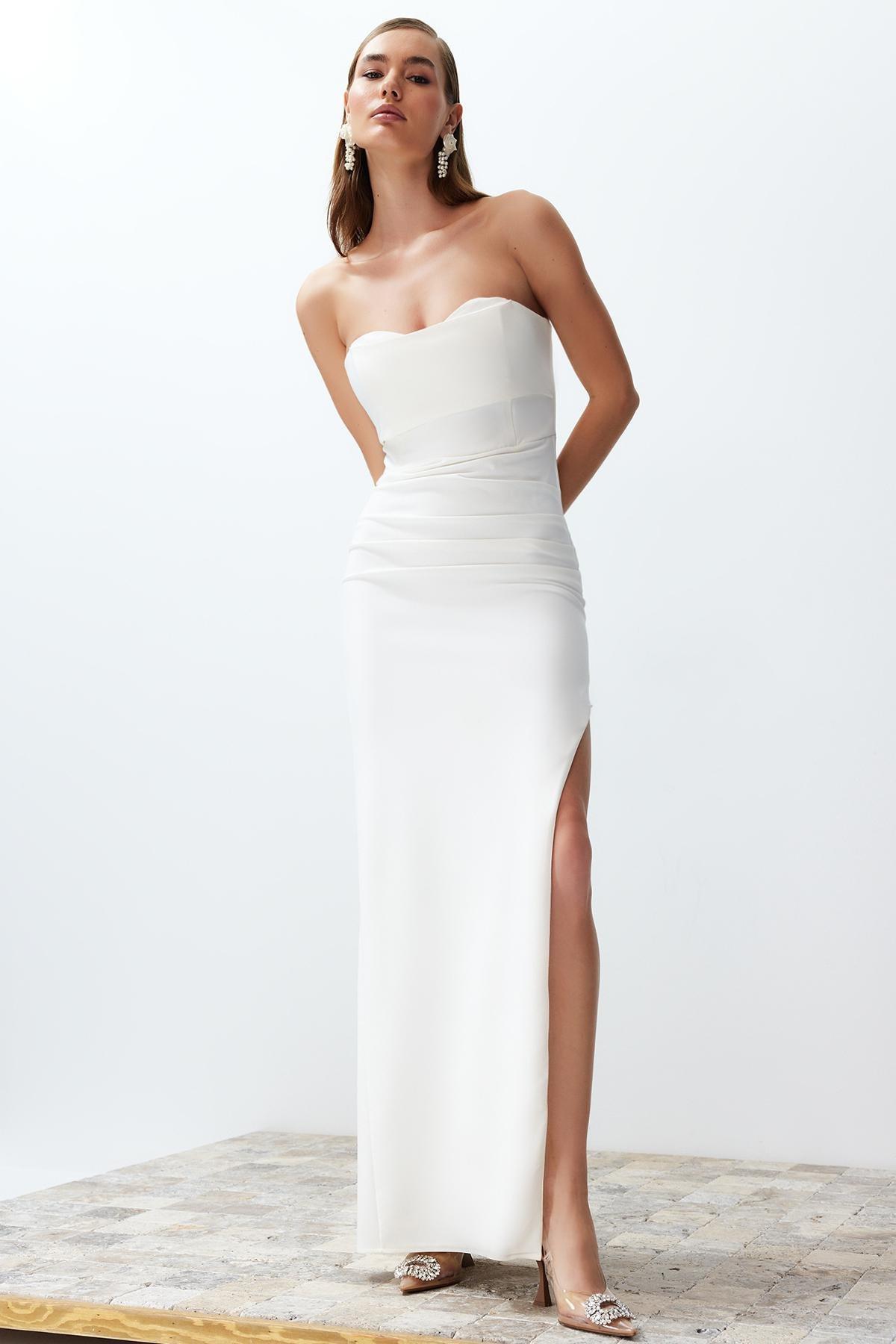 White Detailed Long Occasionwear Dress, , large image number 2