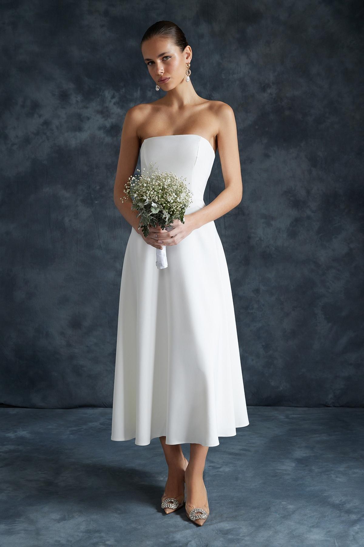 White Detailed Long Occasionwear Dress, White, large image number 0