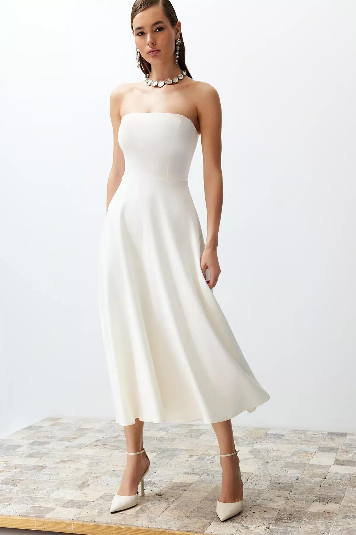 White Detailed Long Occasionwear Dress, , large image number 1