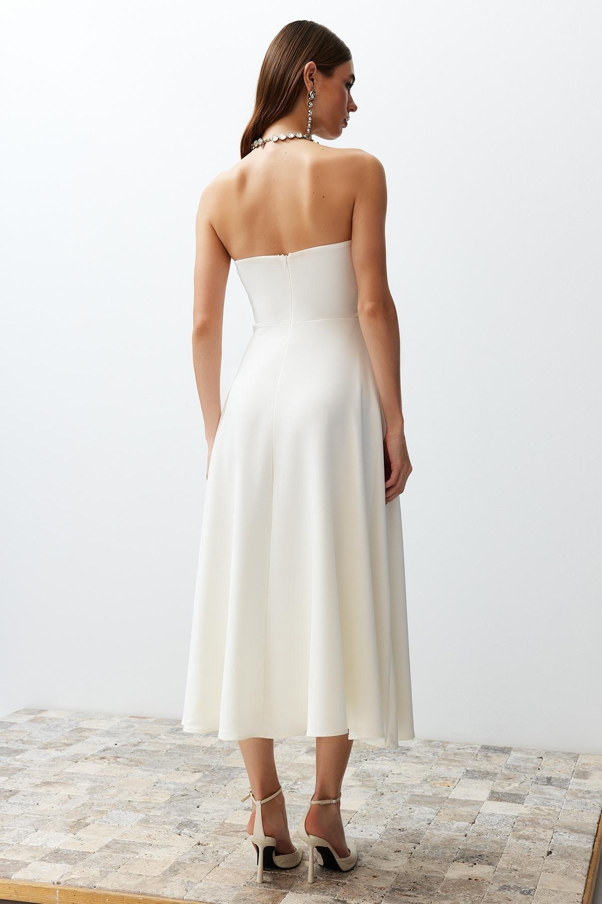 White Detailed Long Occasionwear Dress, White, large image number 4
