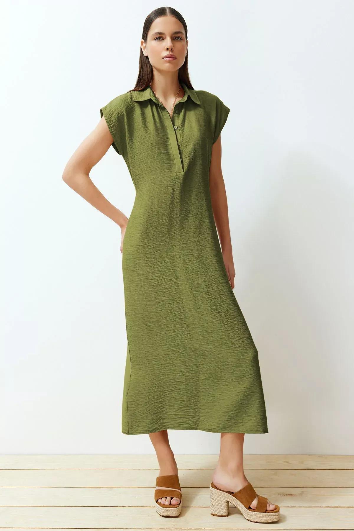 فستان طويل سادة بصف أزرار قصير، أخضر, Khaki, large image number 0