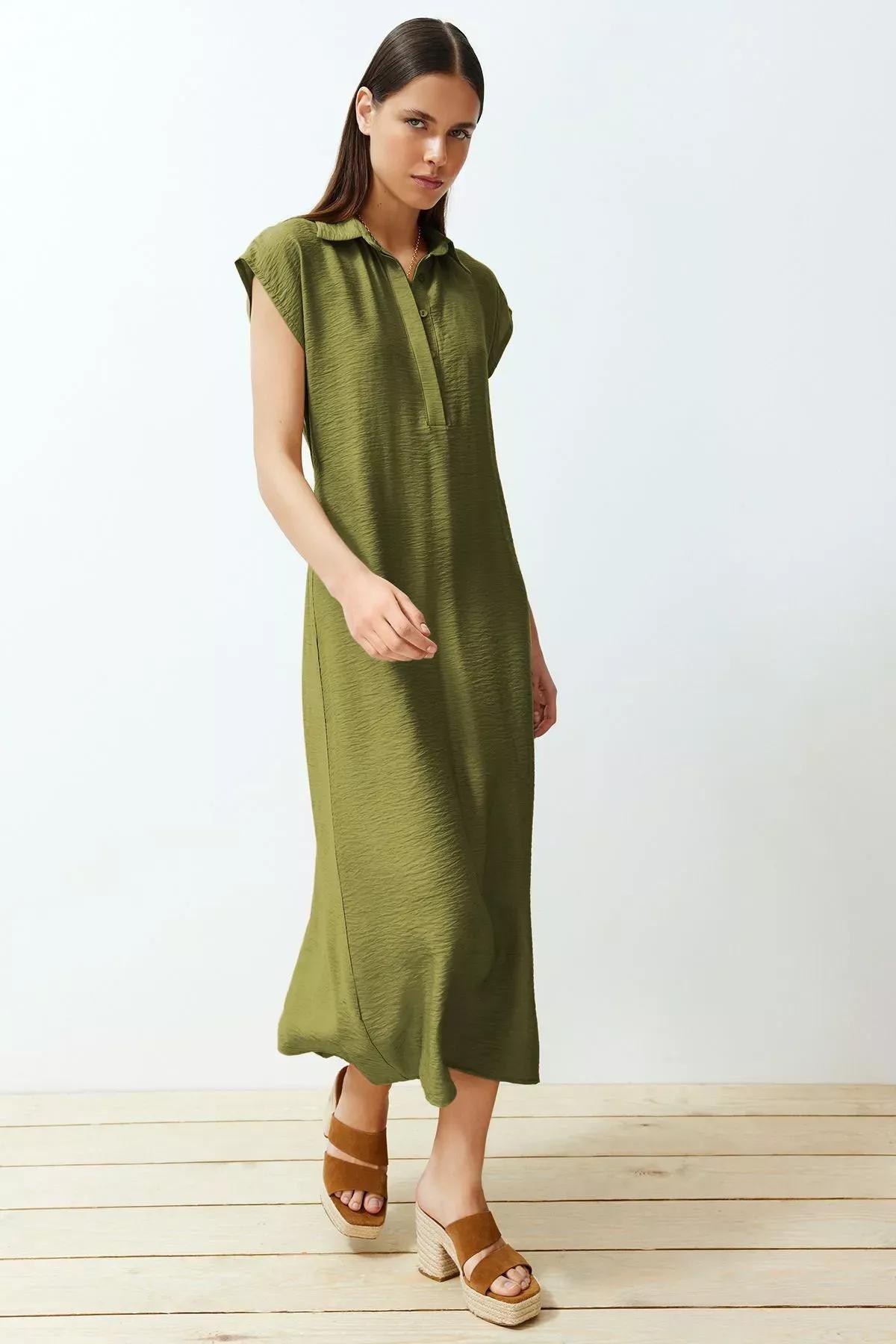 فستان طويل سادة بصف أزرار قصير، أخضر, Khaki, large image number 1