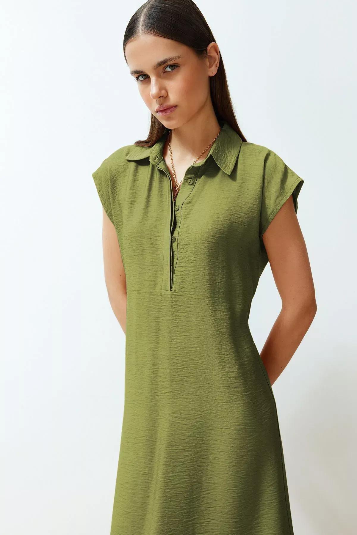 فستان طويل سادة بصف أزرار قصير، أخضر, Khaki, large image number 2