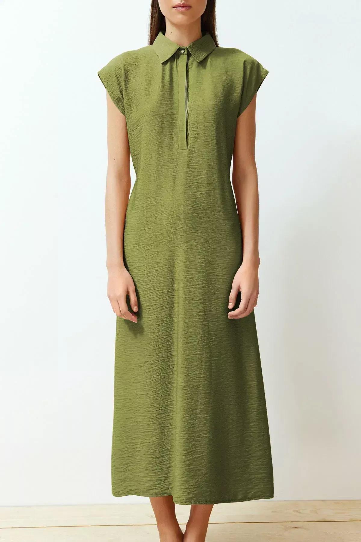 فستان طويل سادة بصف أزرار قصير، أخضر, Khaki, large image number 3