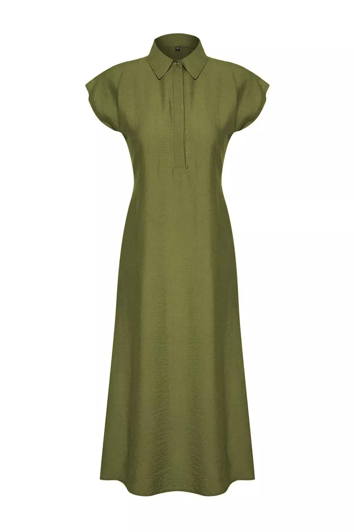 فستان طويل سادة بصف أزرار قصير، أخضر, Khaki, large image number 5