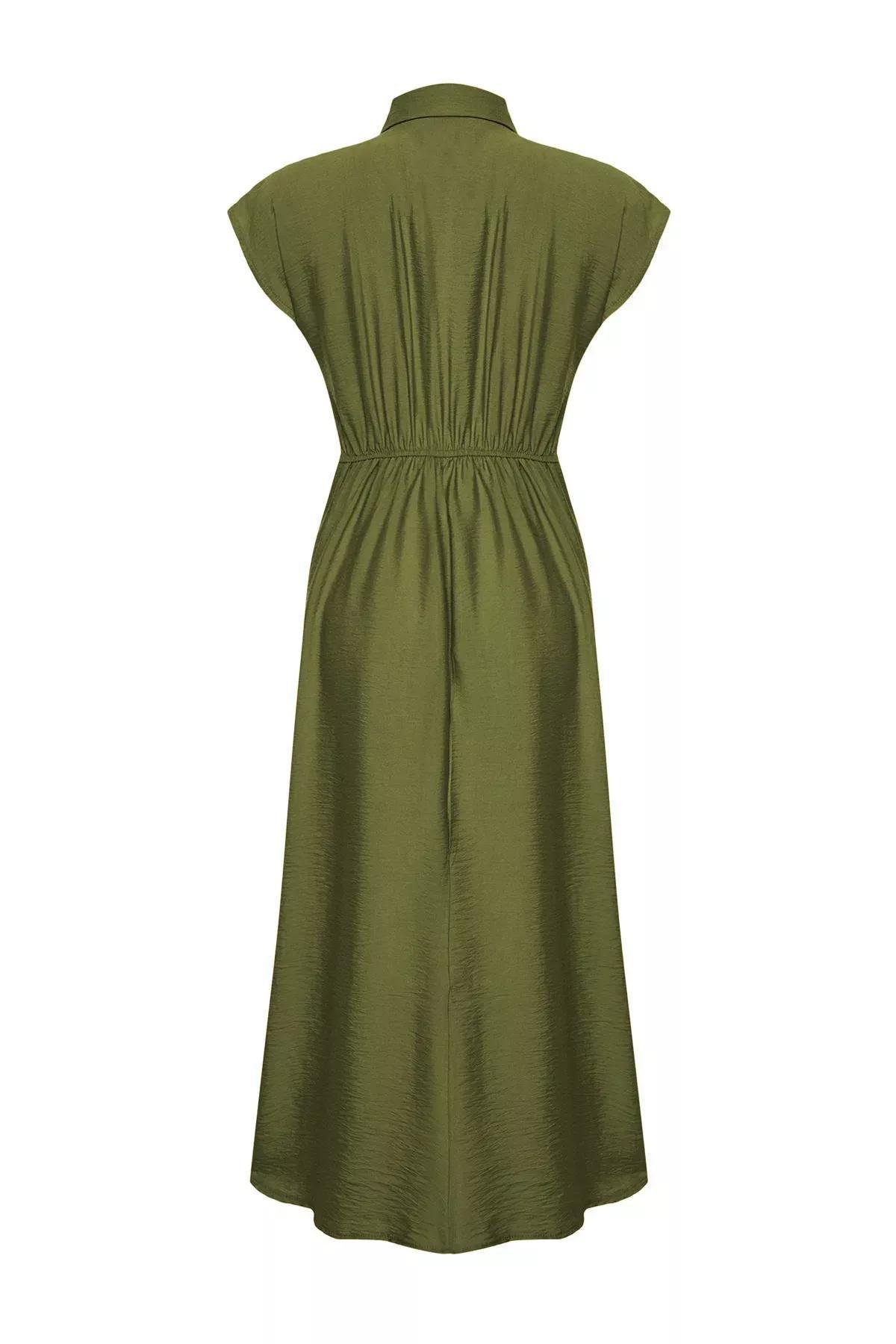 فستان طويل سادة بصف أزرار قصير، أخضر, Khaki, large image number 6