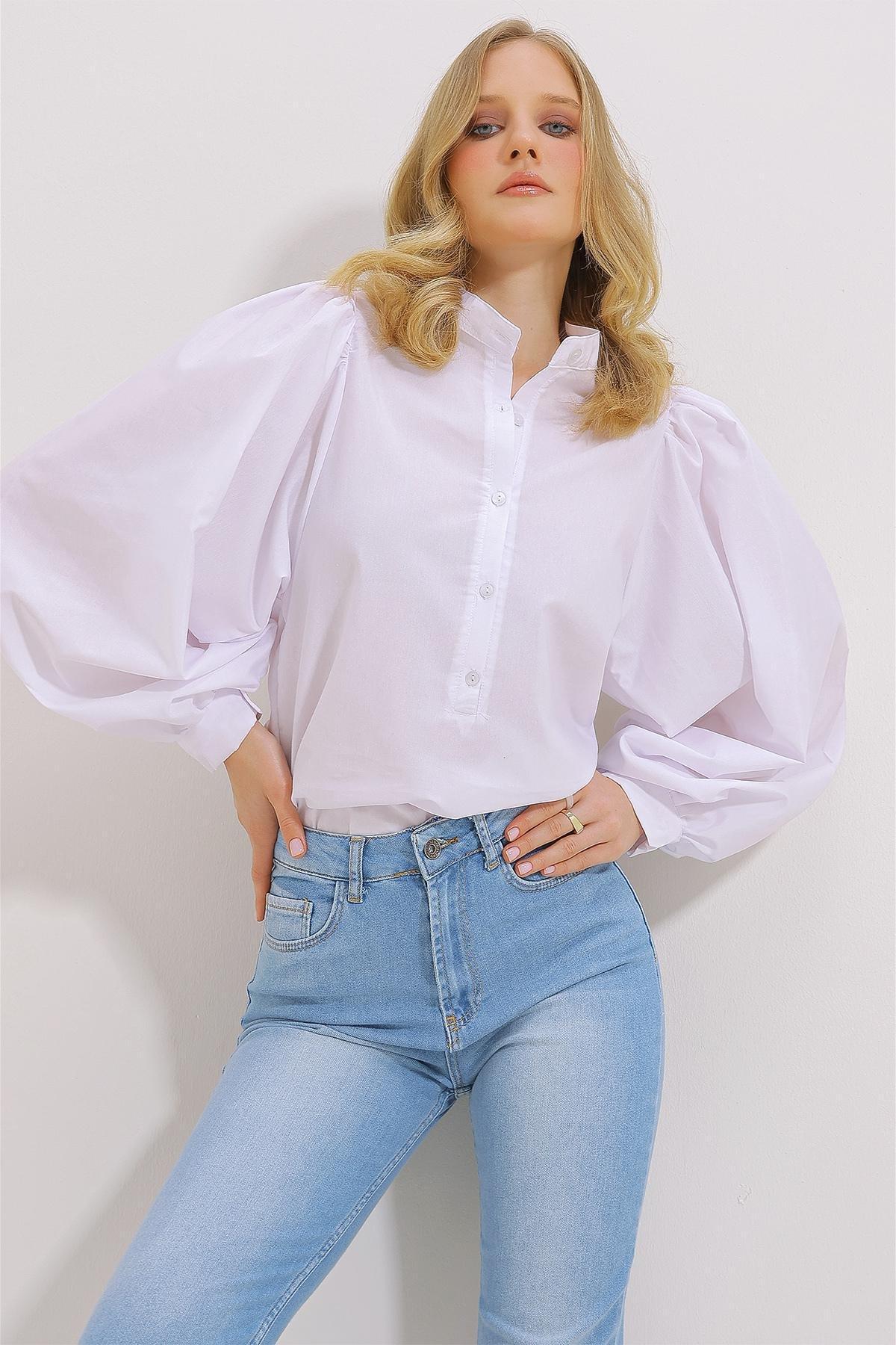 Womens White Big Collar Buttoned Balloon Sleeve Poplin Woven Blouse ALC-X11469, Einzeln, White, large image number 0