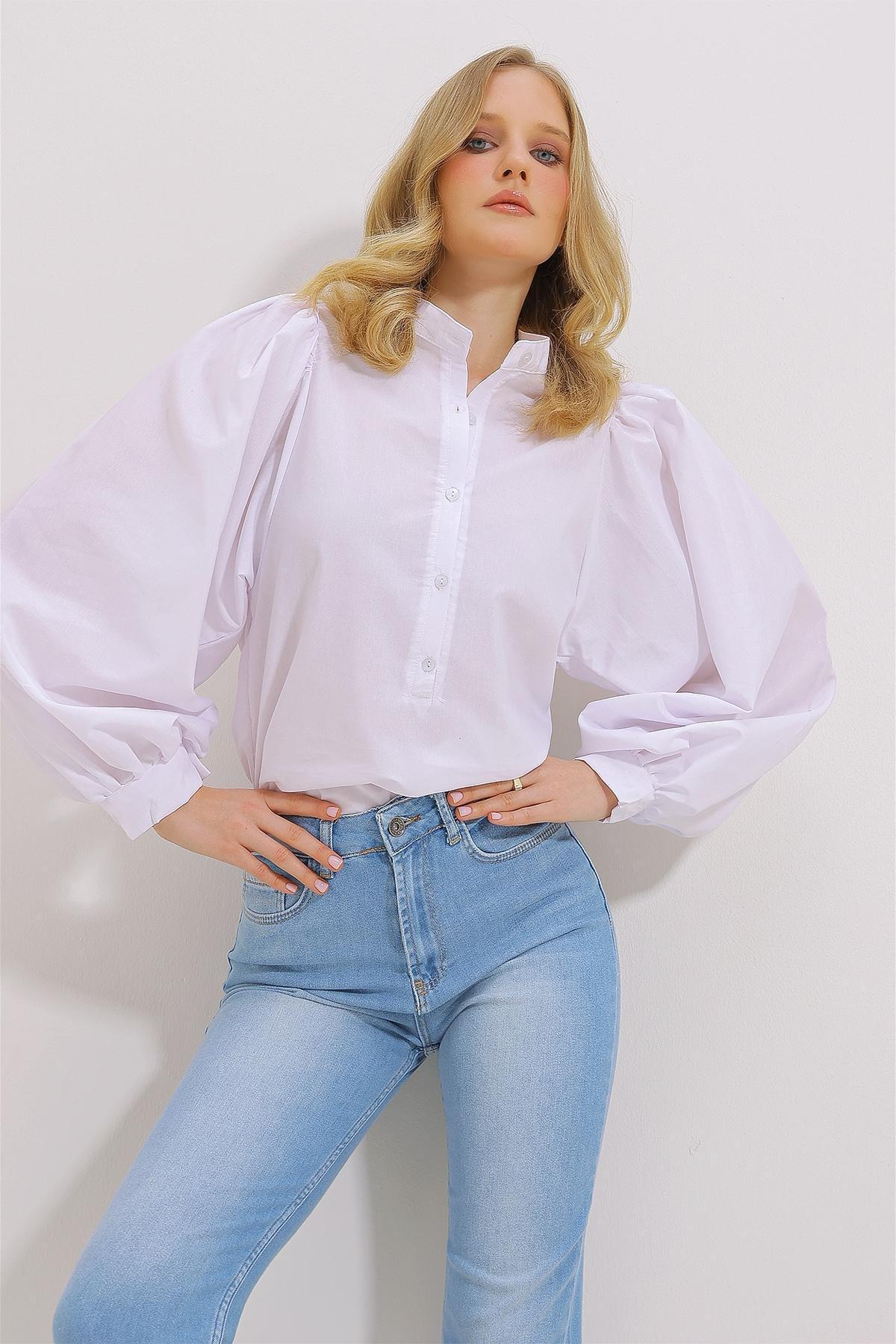 Womens White Big Collar Buttoned Balloon Sleeve Poplin Woven Blouse ALC-X11469, Einzeln, White, large image number 1