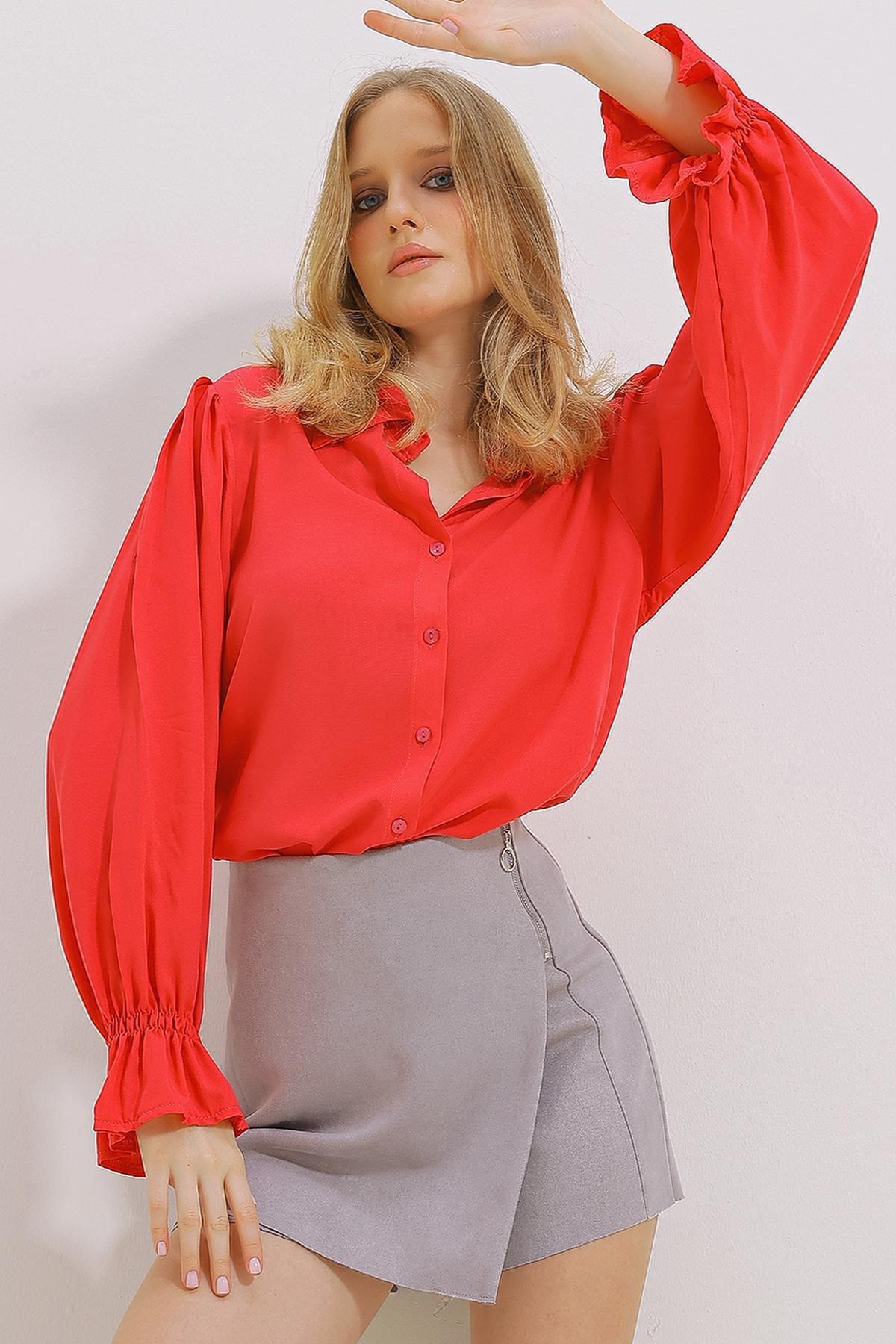Womens Fuchsia Flounce Sleeves Viscon Woven Shirt ALC-X11431, single, , large image number 0
