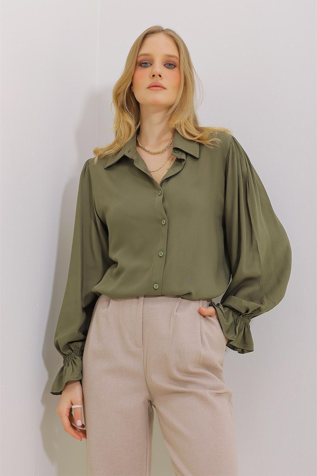 Womens Khaki Flounce Sleeve Viscon Woven Shirt ALC-X11431, Einzeln, Khaki, large image number 0