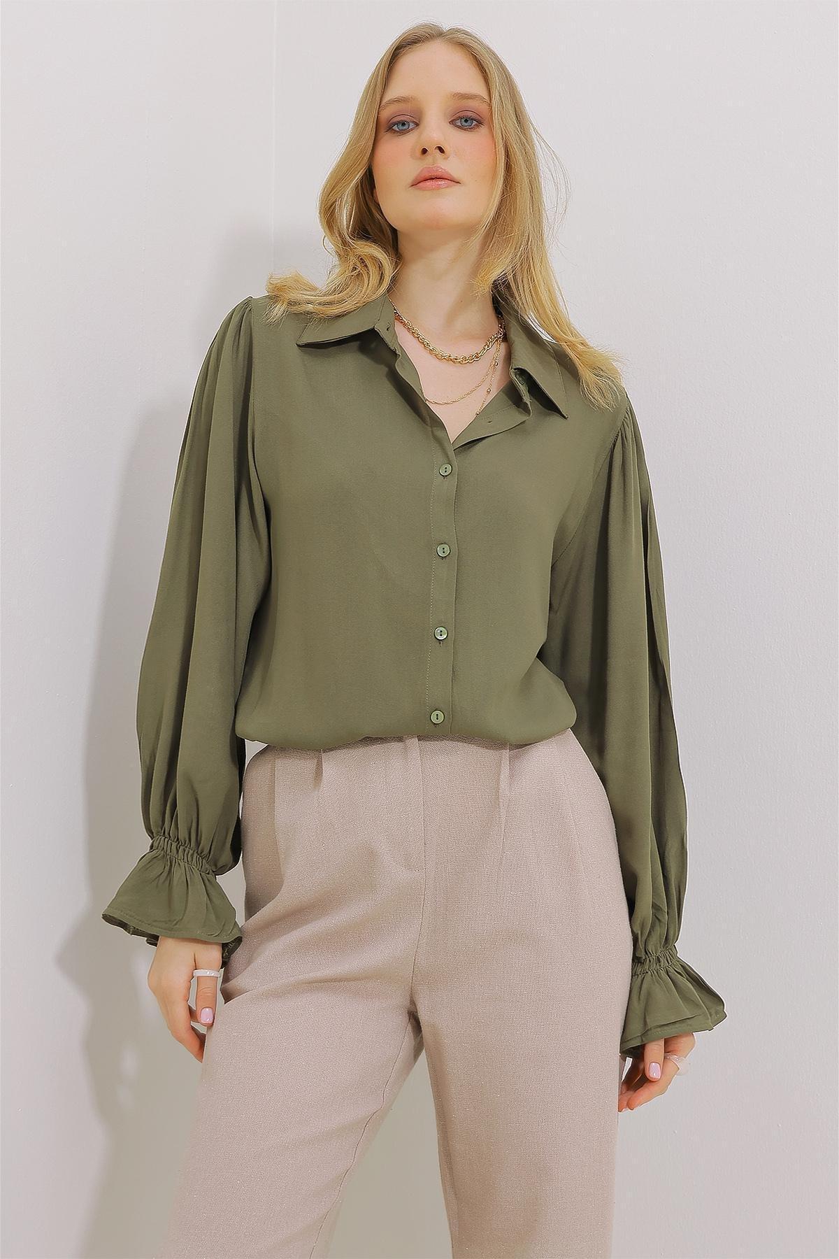 Womens Khaki Flounce Sleeve Viscon Woven Shirt ALC-X11431, Einzeln, Khaki, large image number 1