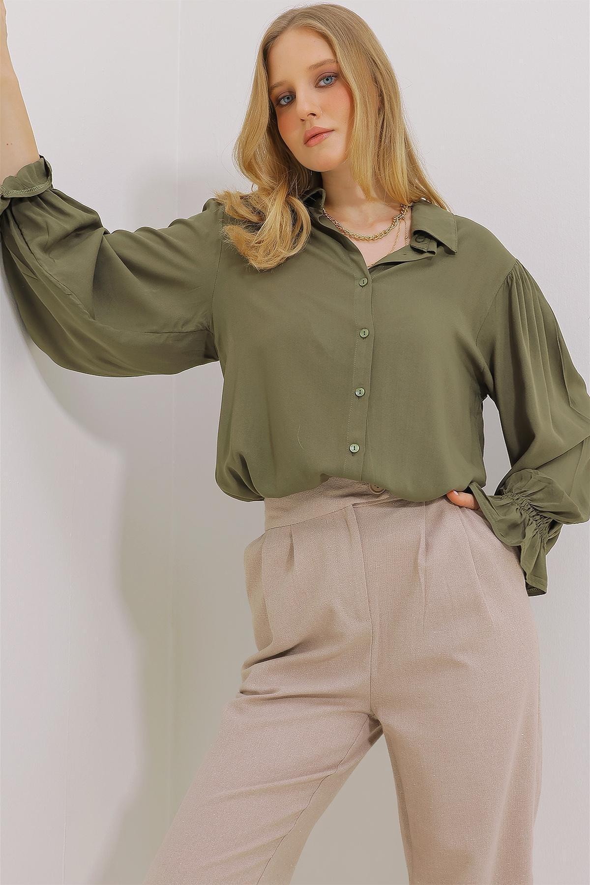 Womens Khaki Flounce Sleeve Viscon Woven Shirt ALC-X11431, Einzeln, Khaki, large image number 2