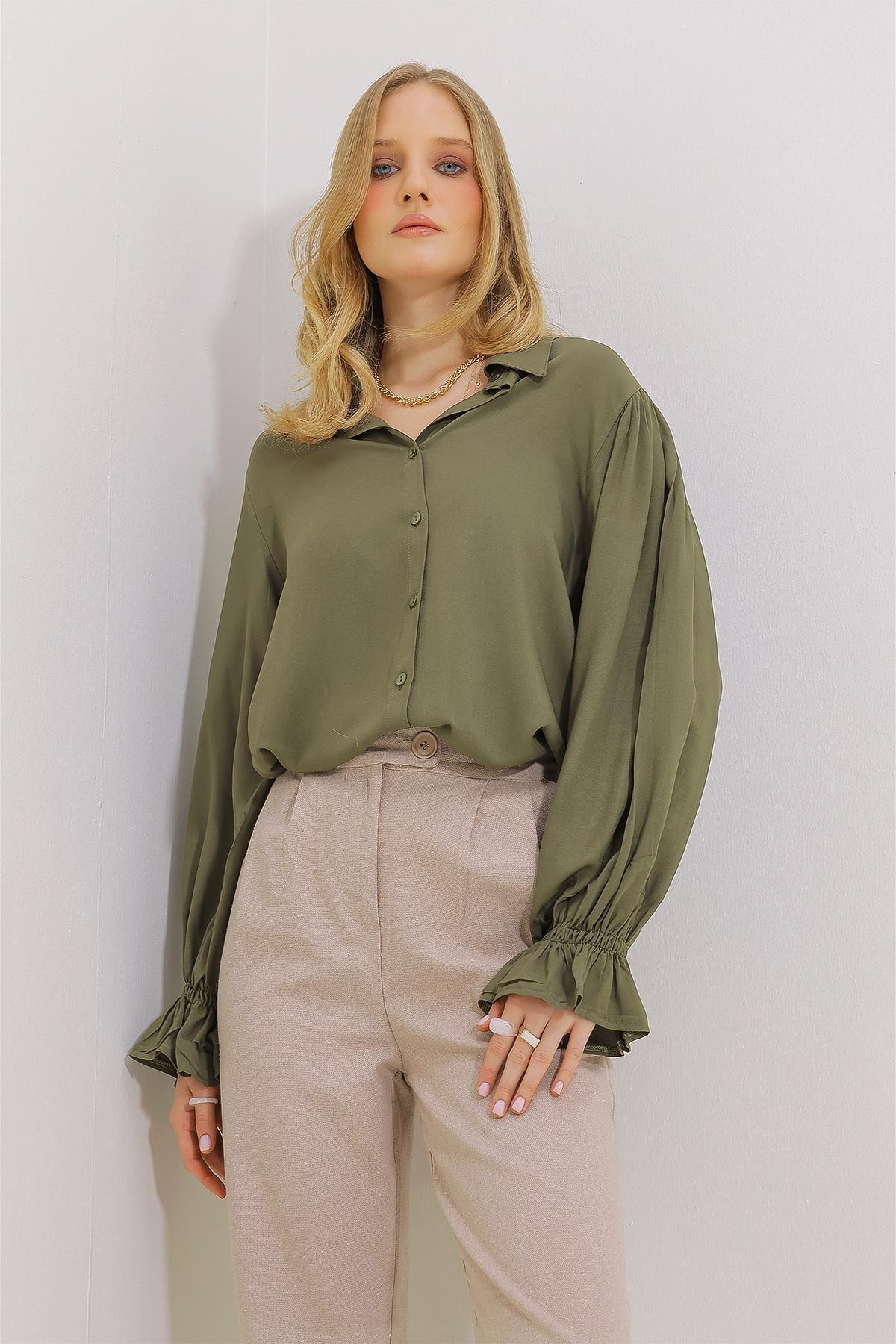 Womens Khaki Flounce Sleeve Viscon Woven Shirt ALC-X11431, Einzeln, Khaki, large image number 3