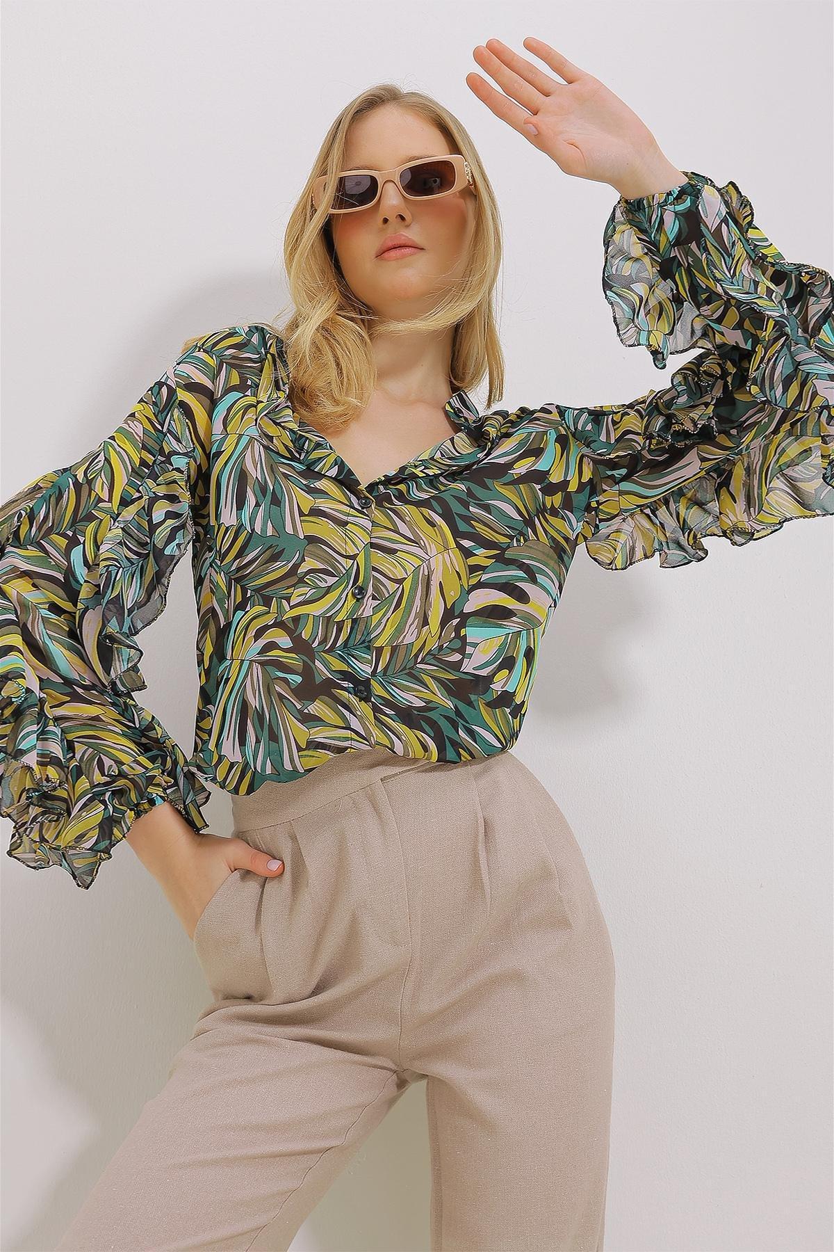 Womens Green Judge Collar Sleeves Flounce Patterned Chiffon Shirt ALC-X11478, single, , large image number 0
