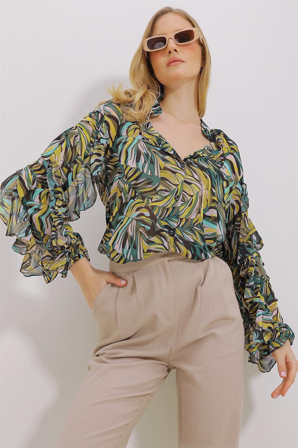 Womens Green Judge Collar Sleeves Flounce Patterned Chiffon Shirt ALC-X11478, single, , large image number 1