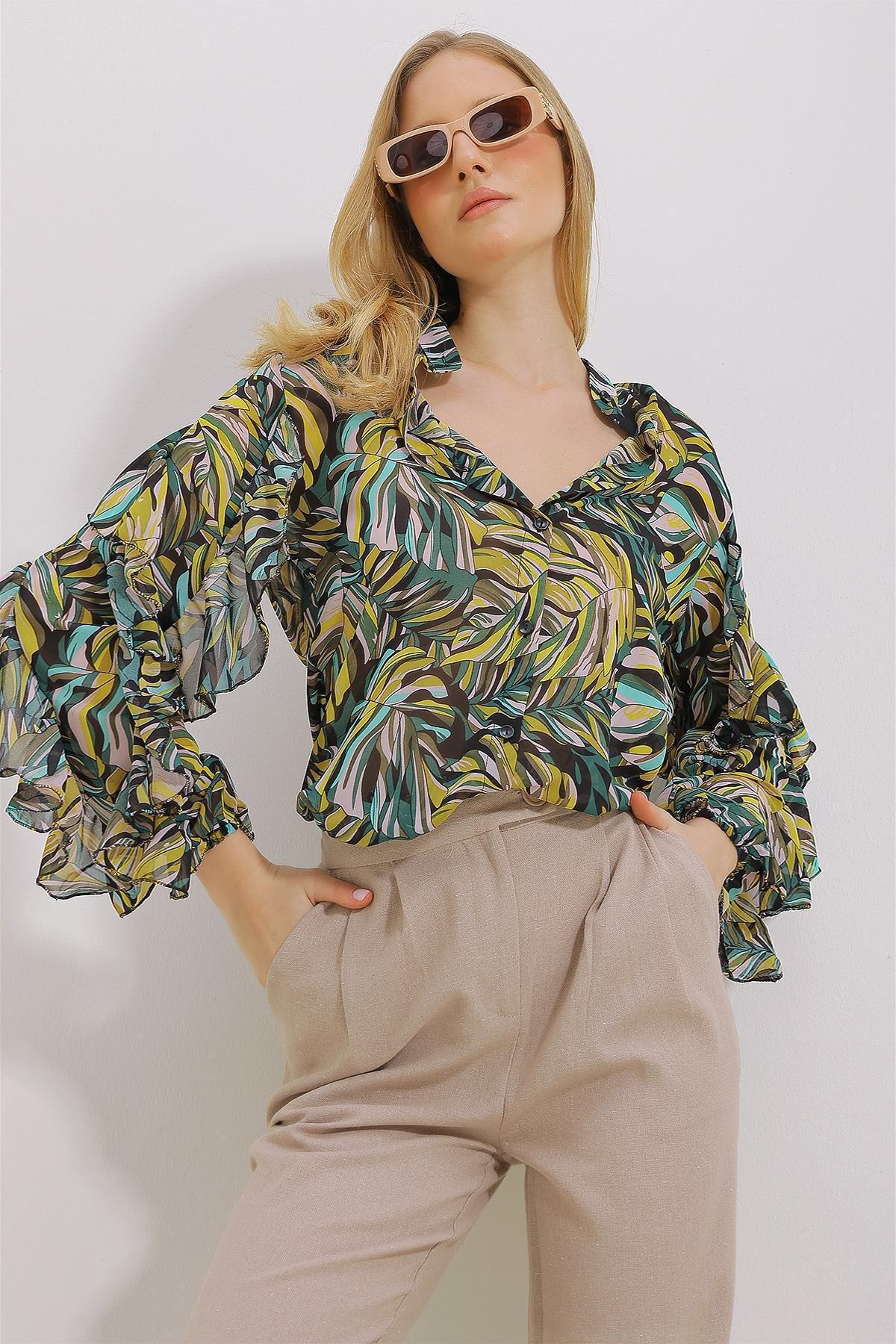 Womens Green Judge Collar Sleeves Flounce Patterned Chiffon Shirt ALC-X11478, single, , large image number 2